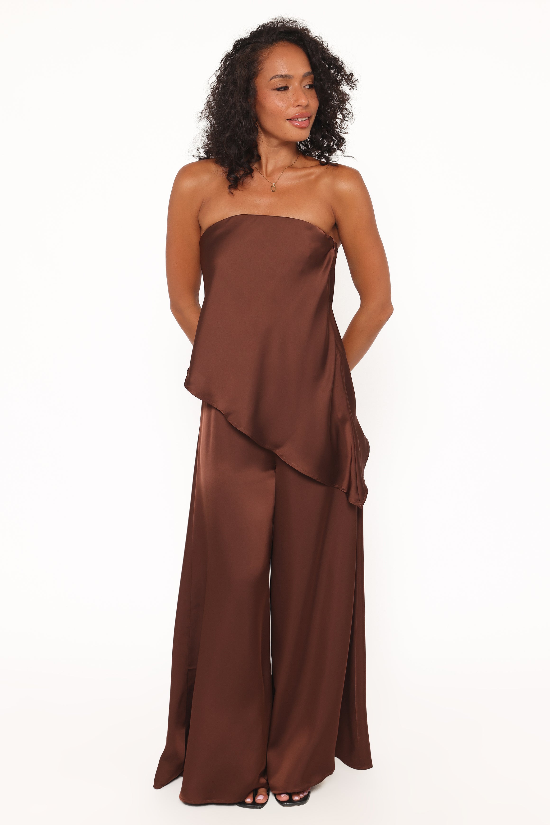 TOPS Charmer Asymmetrical Longline Strapless Top - Dark Brown