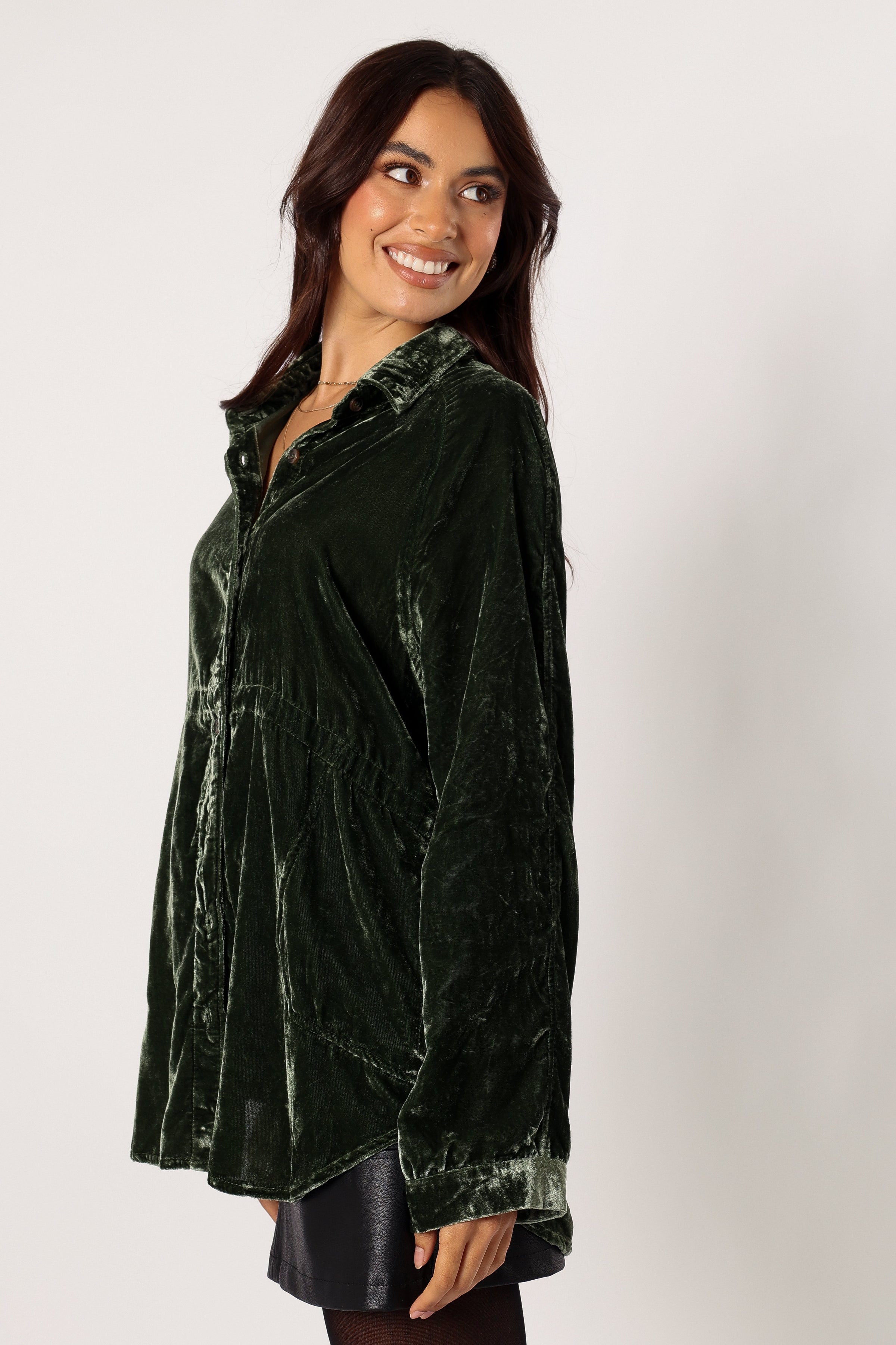 TOPS Chelsea Velvet Oversized Button Down Top - Olive