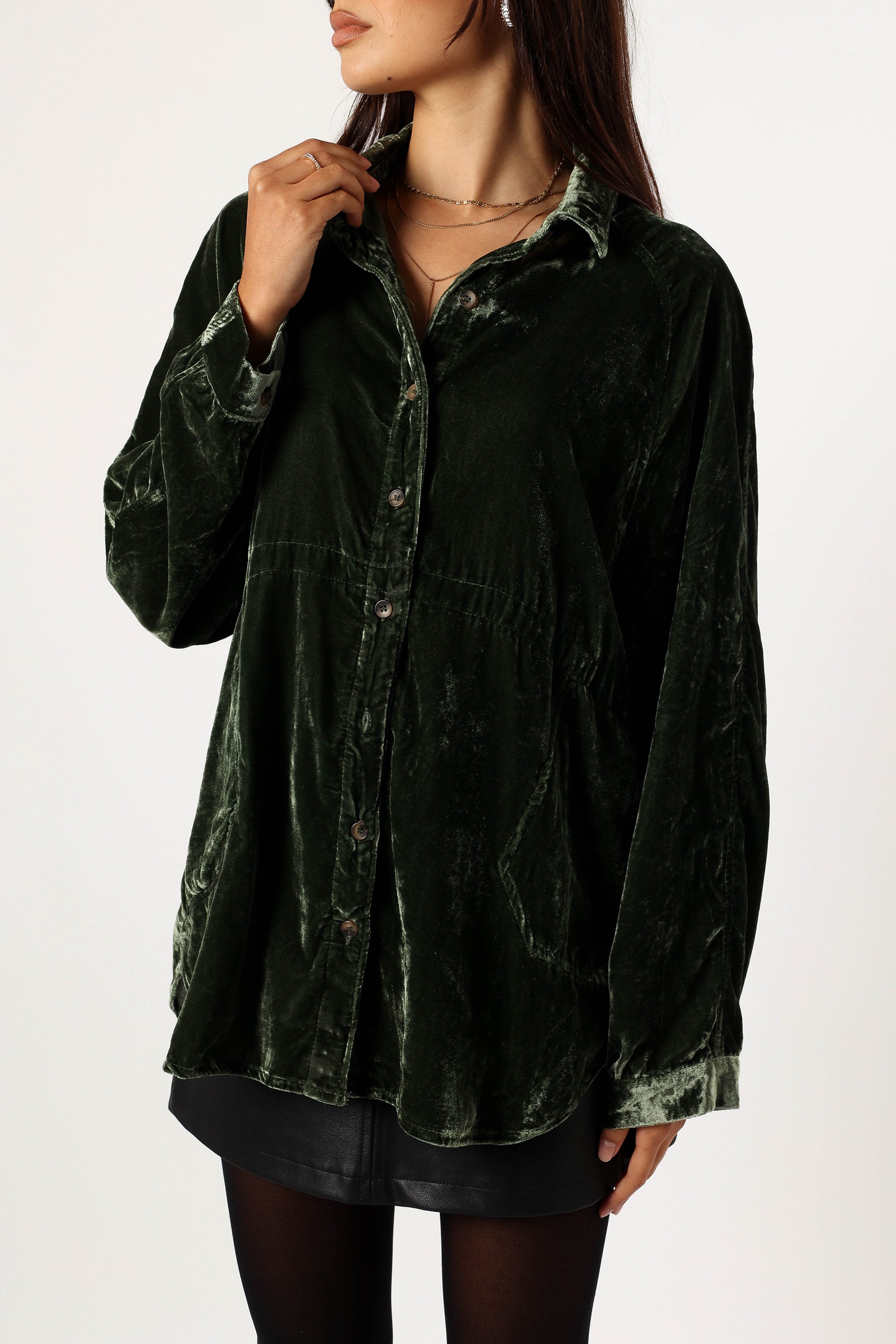 TOPS Chelsea Velvet Oversized Button Down Top - Olive