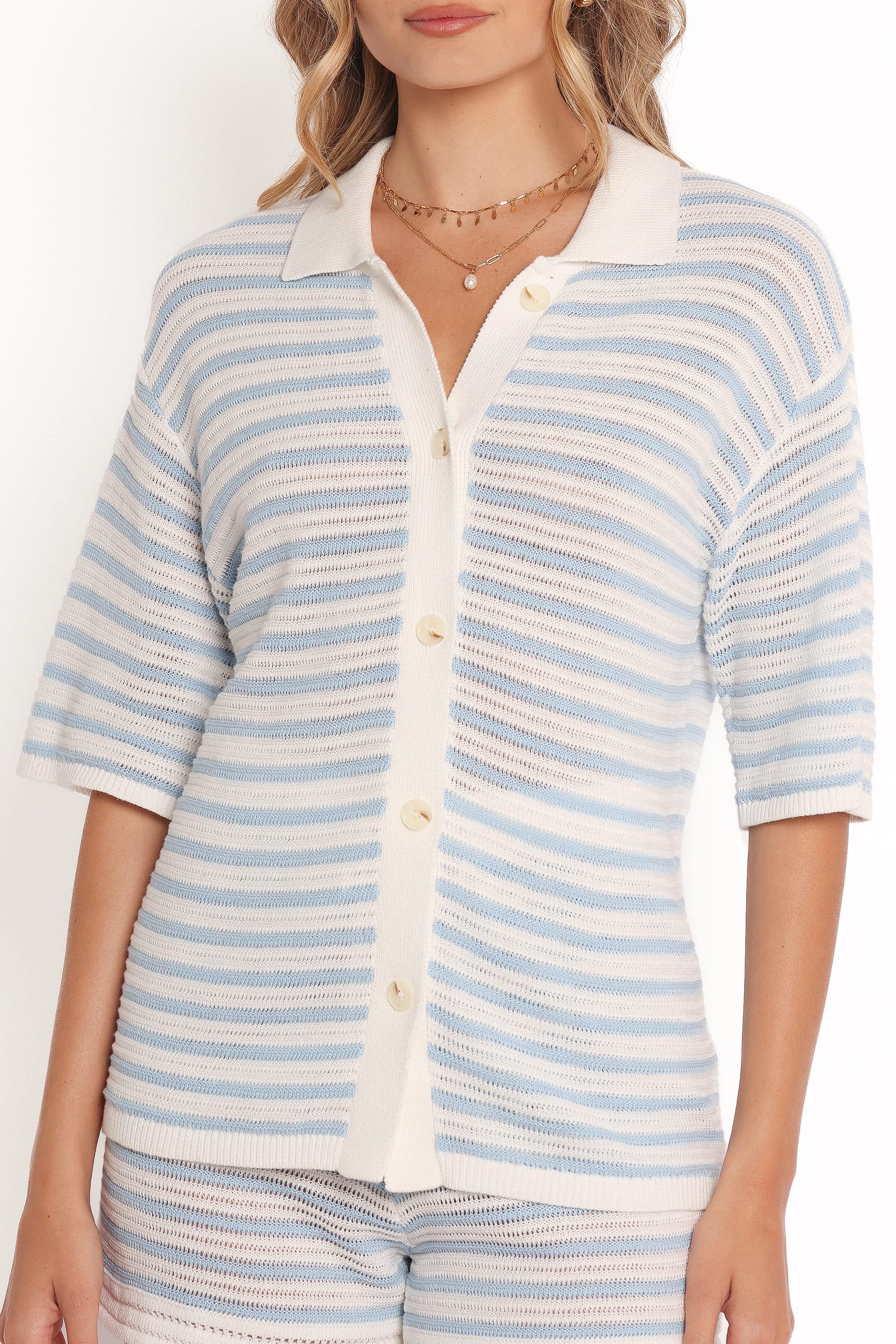TOPS Cherie Knit Shirt - Cream Sky Blue