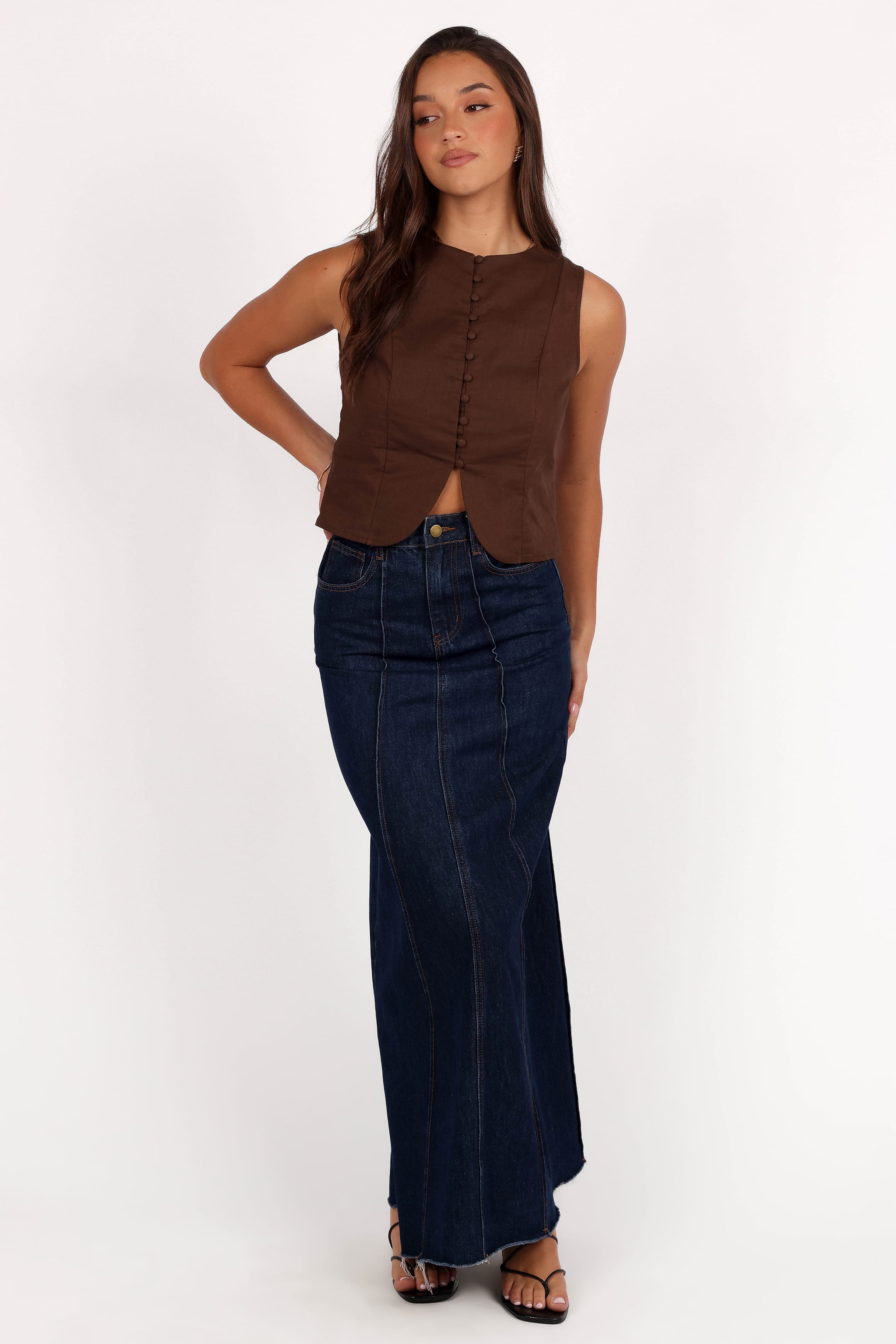 TOPS Daniella Linen Vest - Chocolate Brown