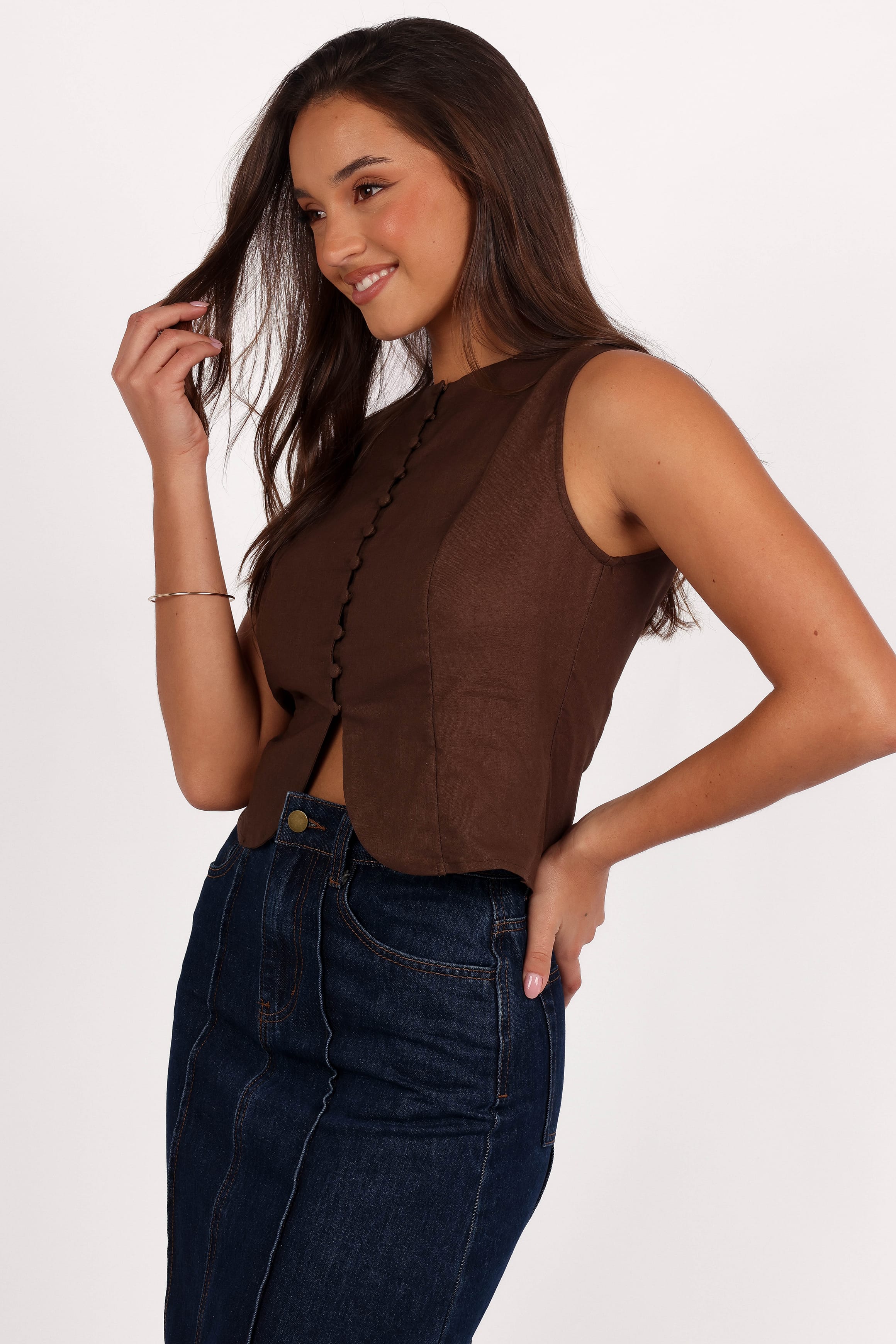TOPS Daniella Linen Vest - Chocolate Brown