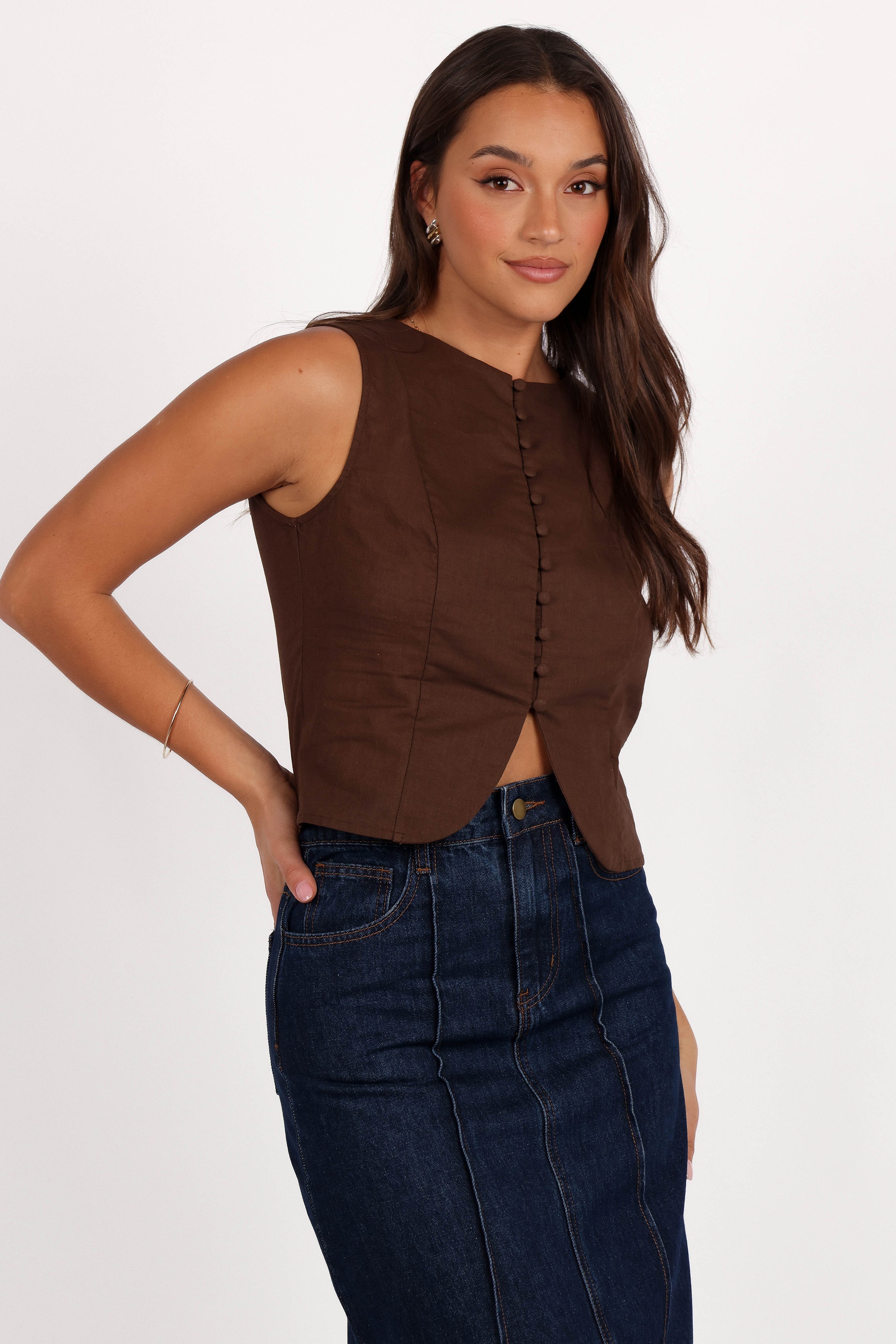 TOPS Daniella Linen Vest - Chocolate Brown
