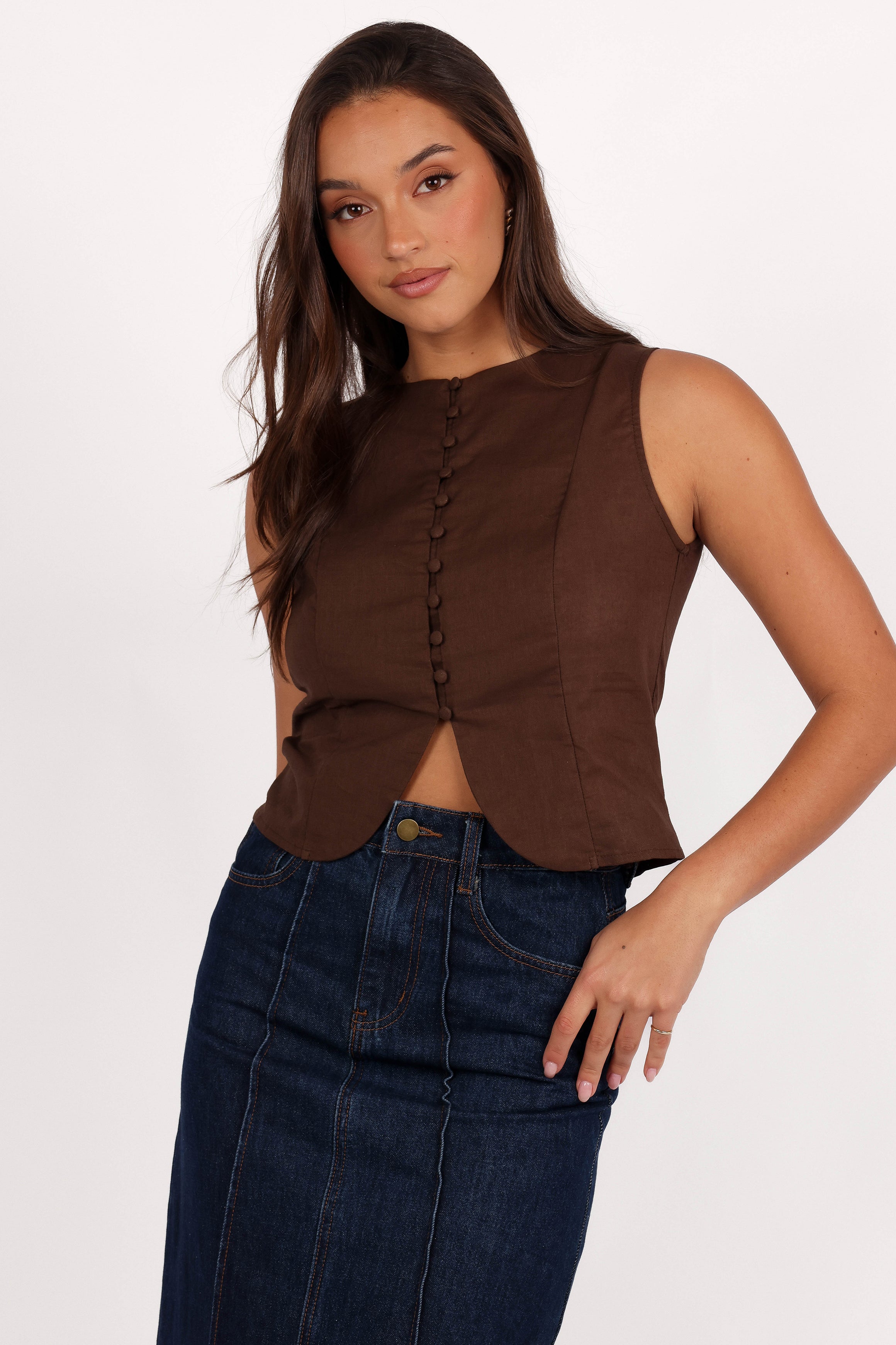TOPS Daniella Linen Vest - Chocolate Brown