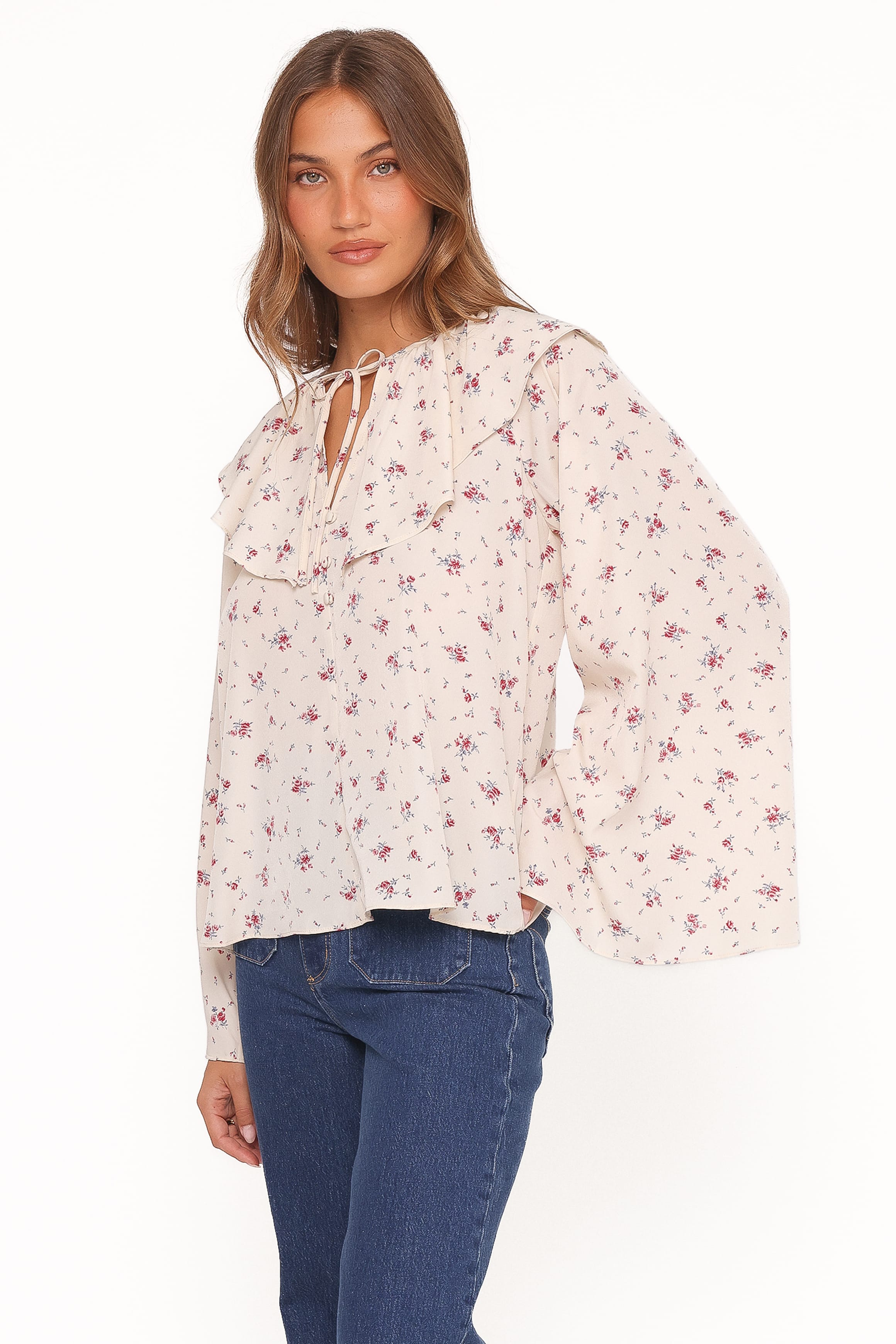 TOPS Denise Ruffle Neck Blouse - Ivory Floral