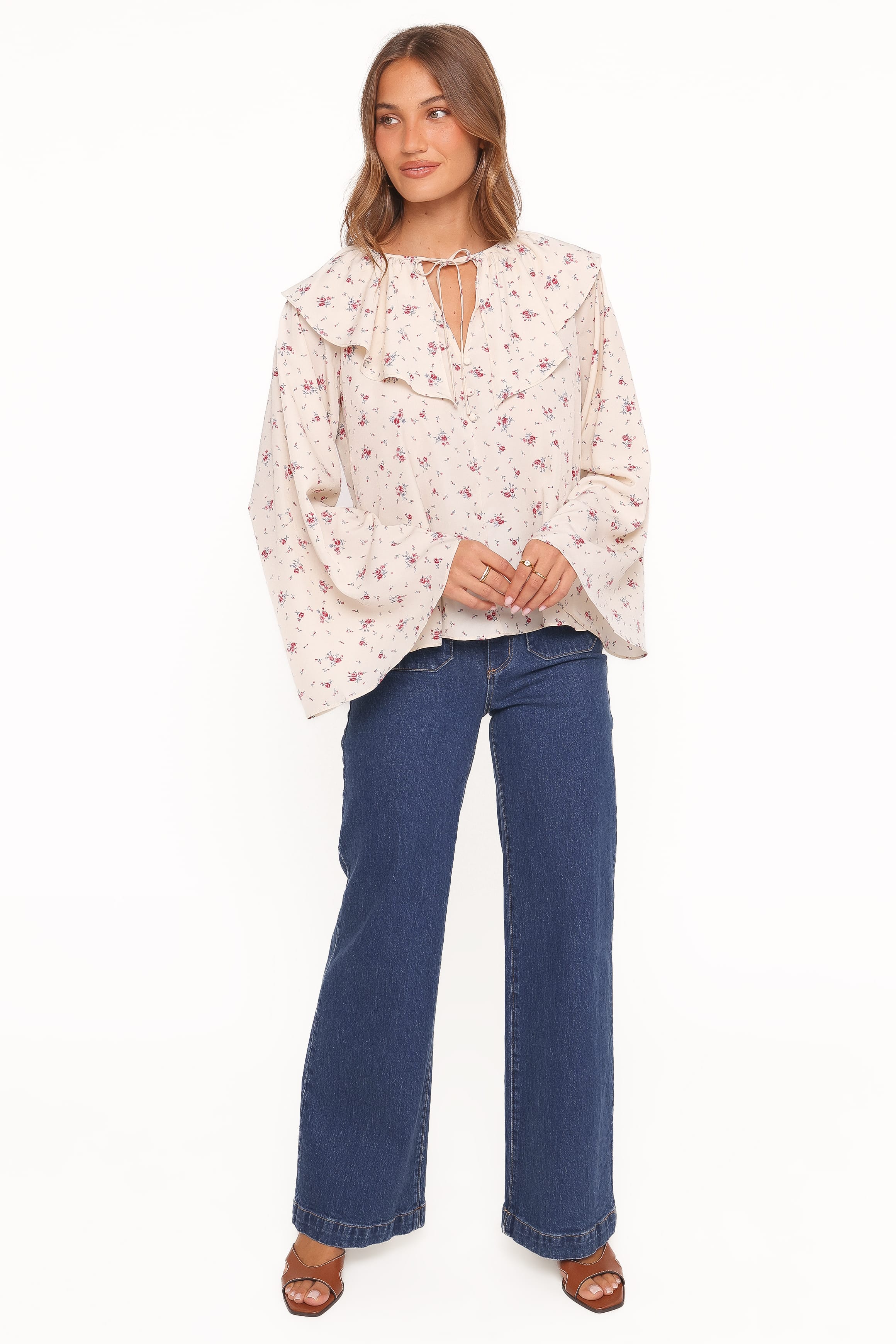TOPS Denise Ruffle Neck Blouse - Ivory Floral