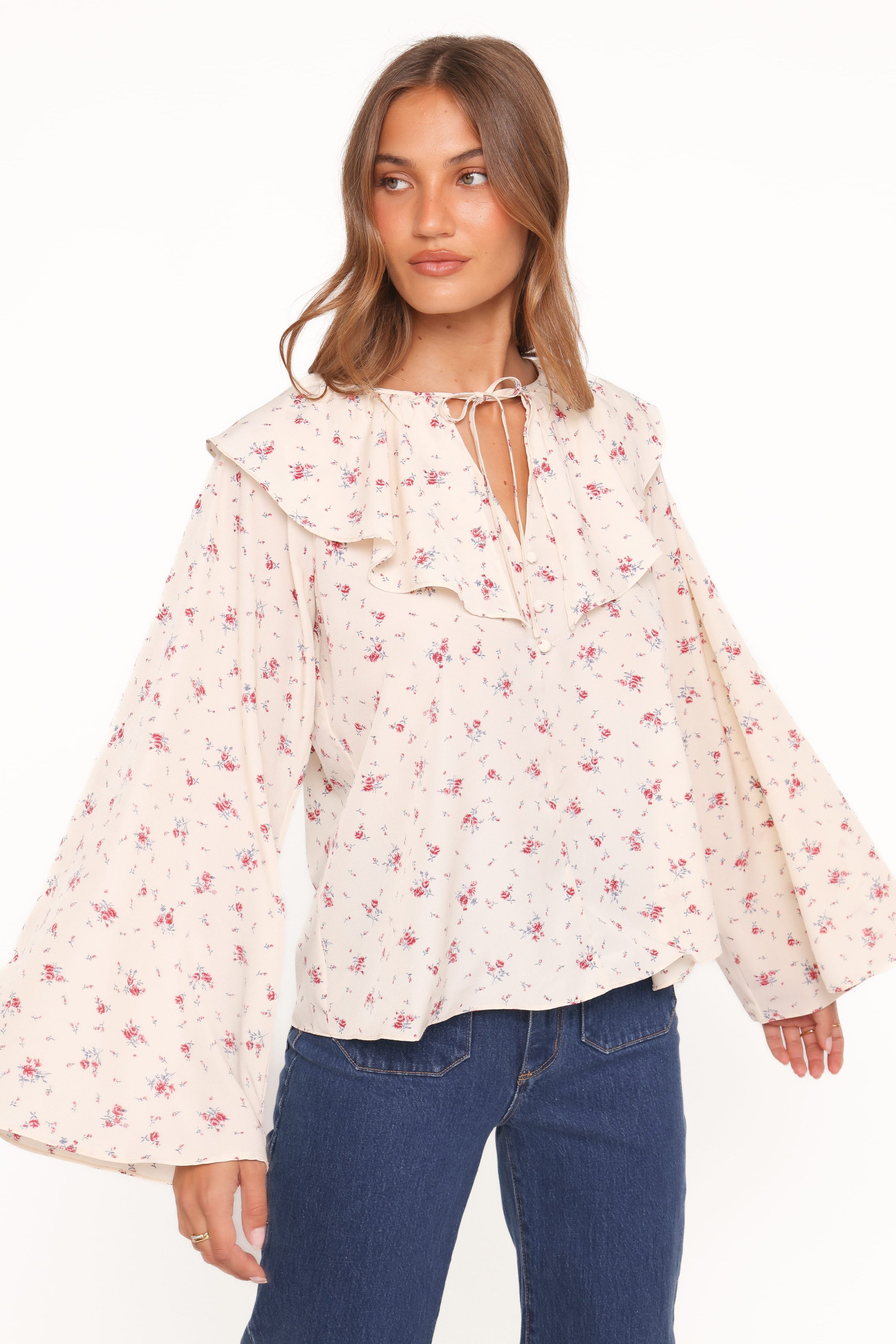 TOPS Denise Ruffle Neck Blouse - Ivory Floral