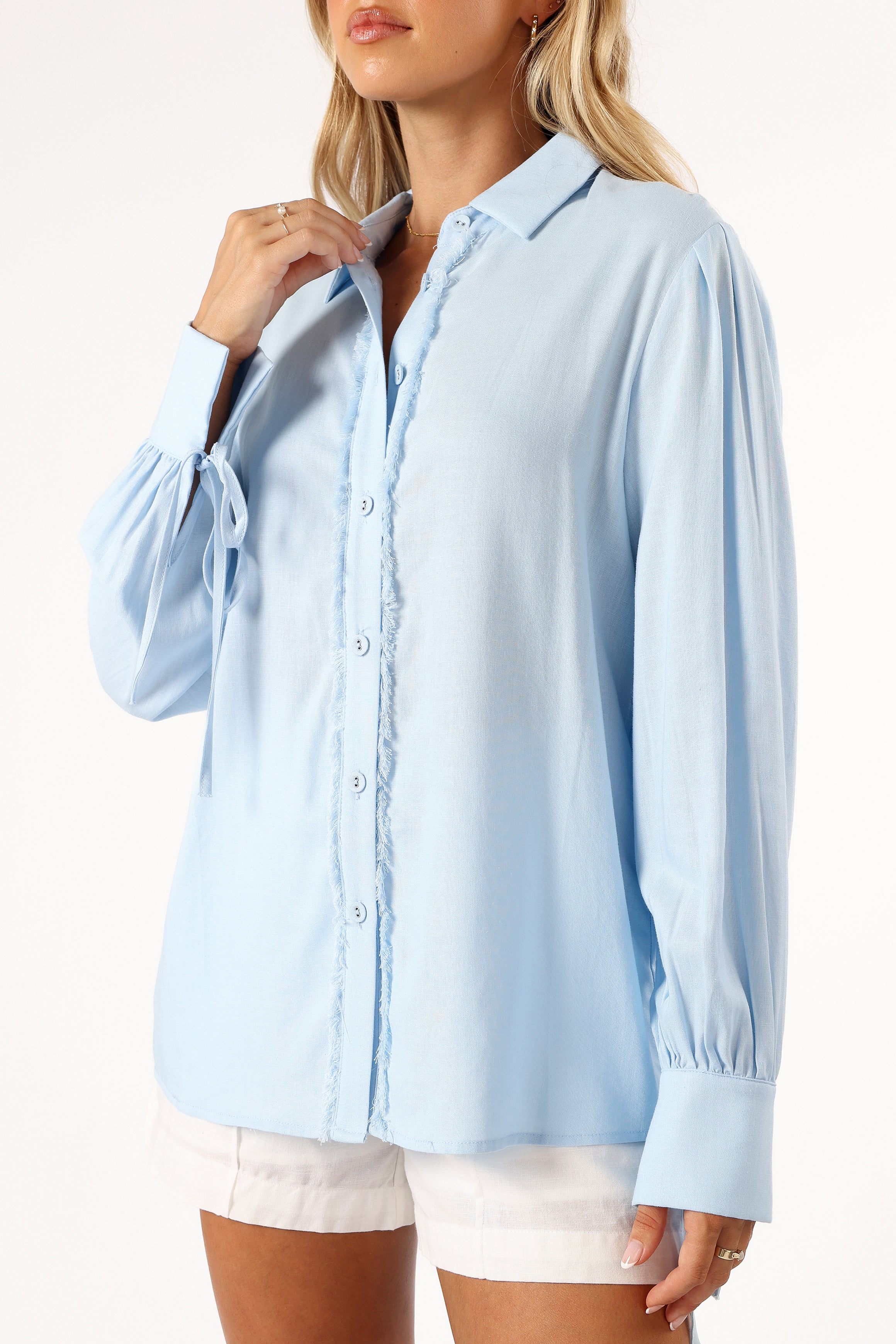 TOPS @Dylan Long Sleeve Button Up Top - Blue