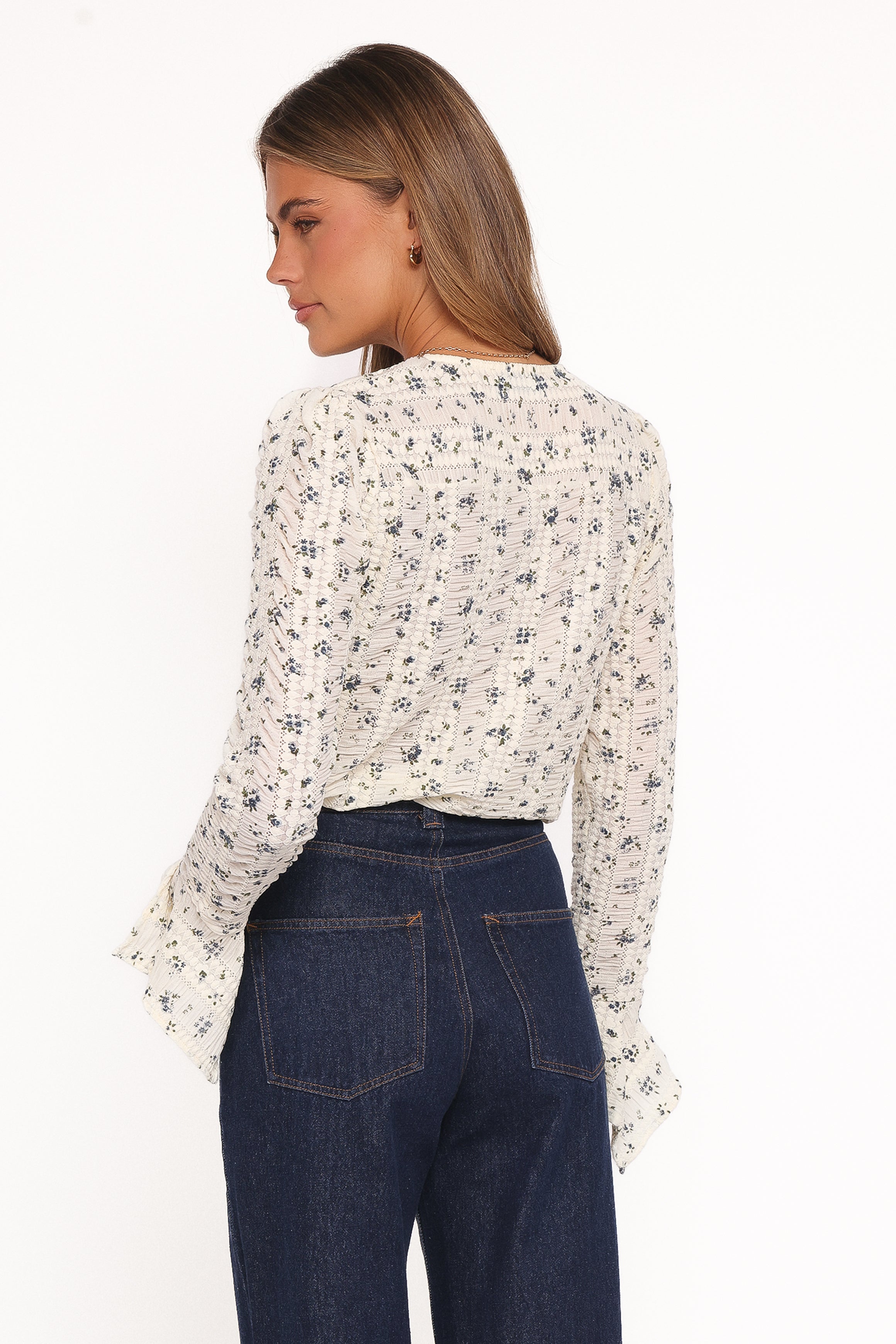 TOPS Eira Textured Ruffle Top - Cream Blue Floral