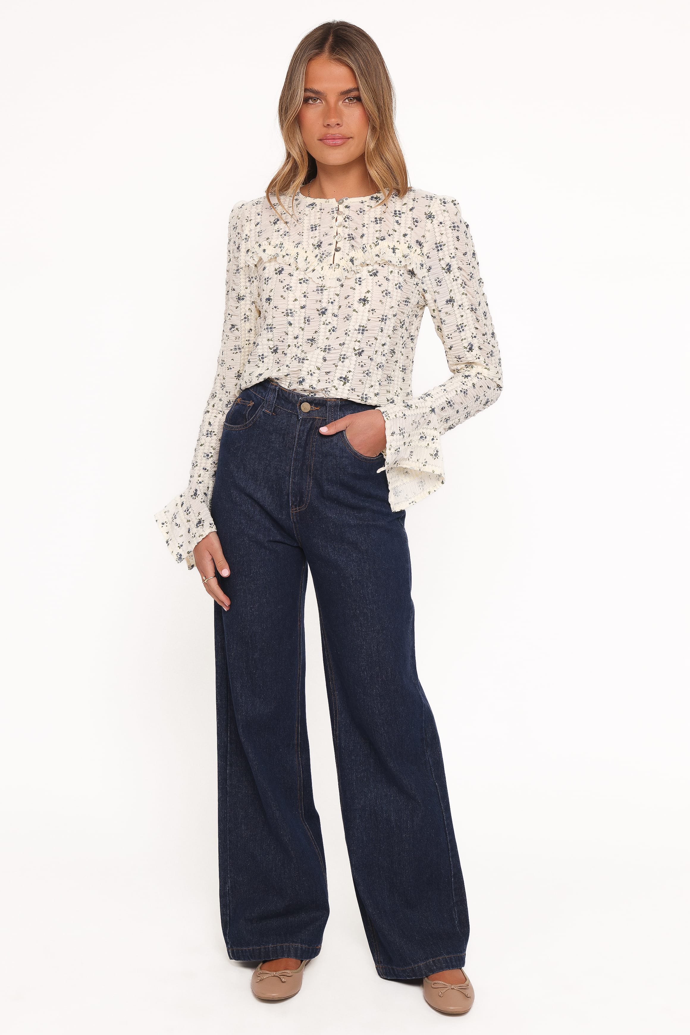 TOPS Eira Textured Ruffle Top - Cream Blue Floral