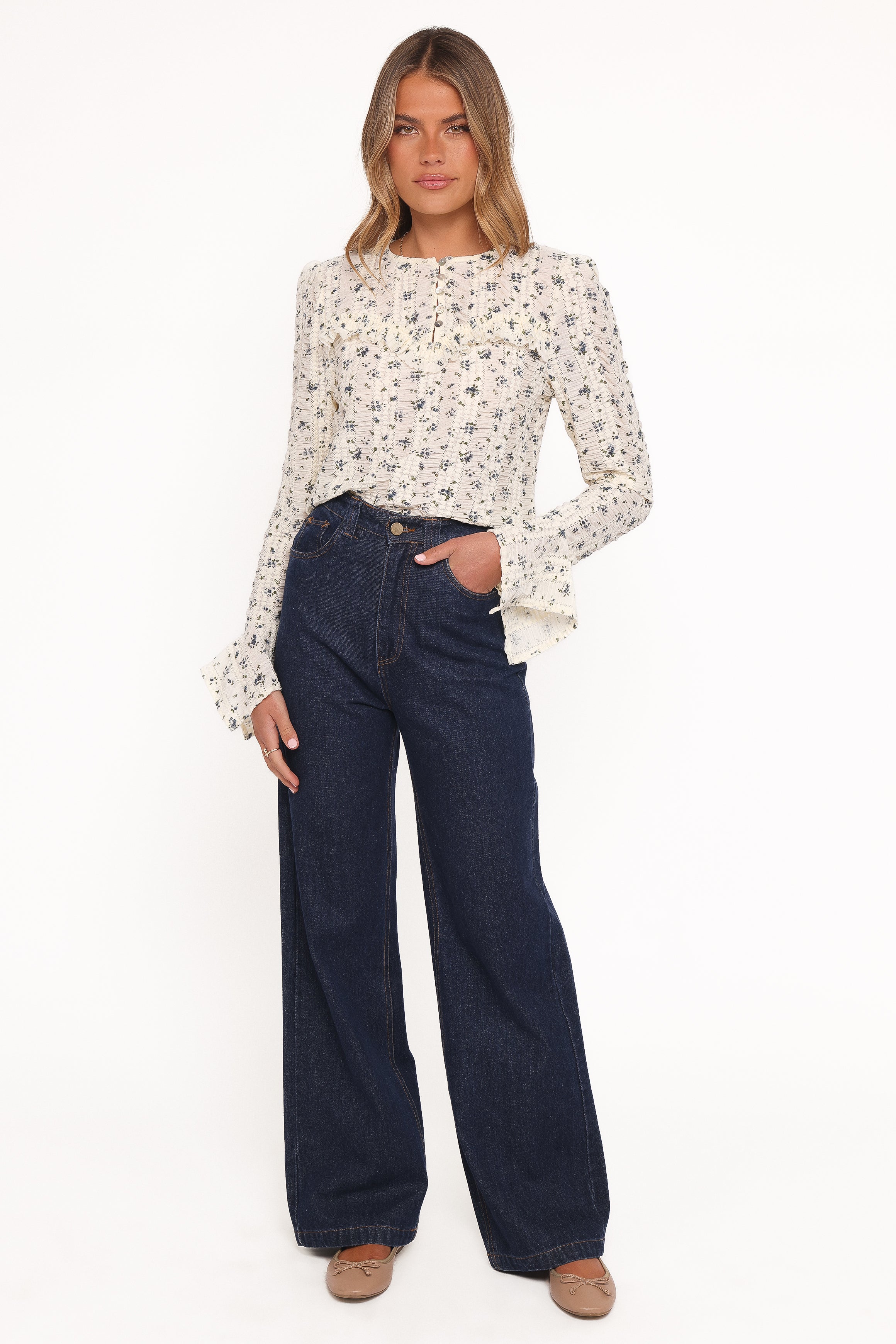 TOPS Eira Textured Ruffle Top - Cream Blue Floral
