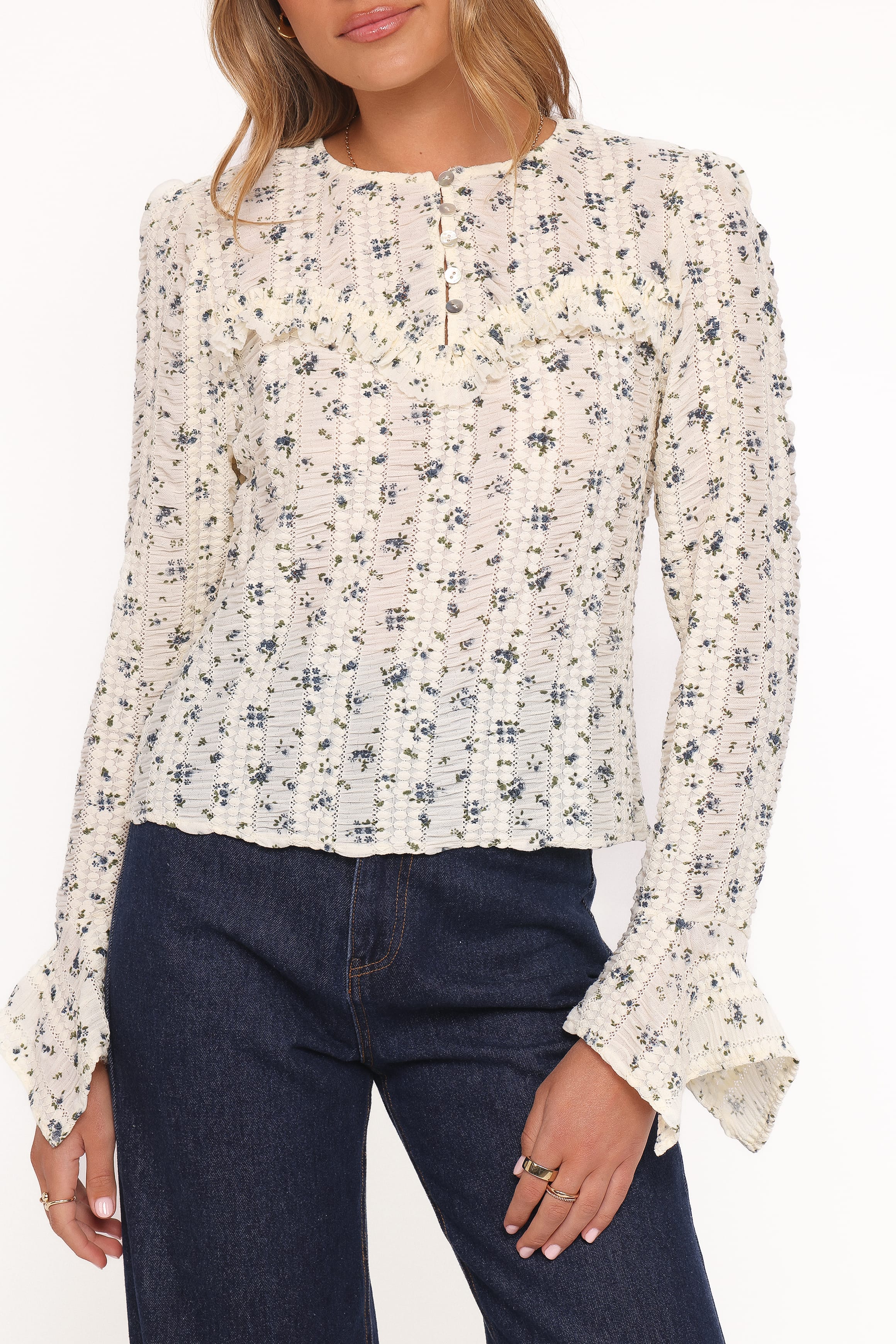TOPS Eira Textured Ruffle Top - Cream Blue Floral