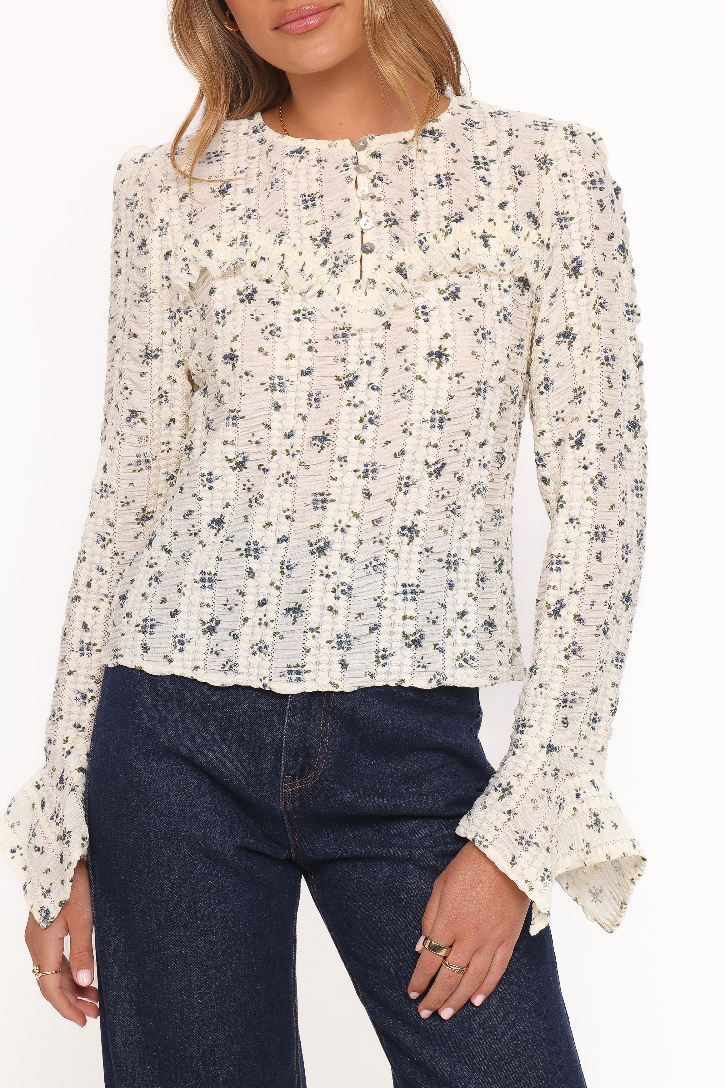 TOPS Eira Textured Ruffle Top - Cream Blue Floral