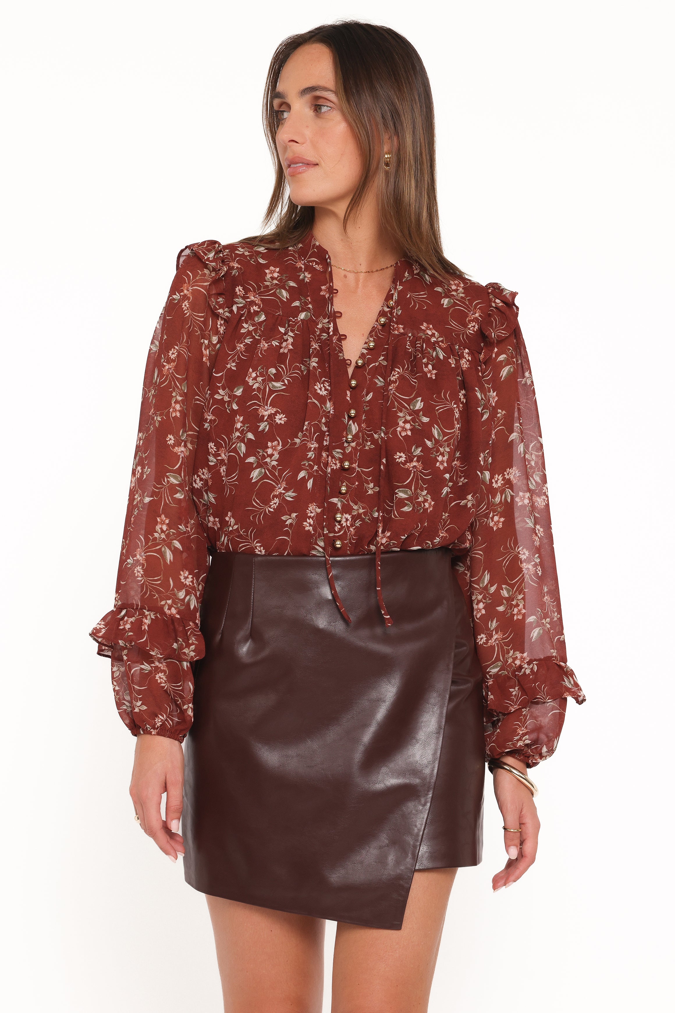 TOPS Elanira Ruffle Top - Rust Floral