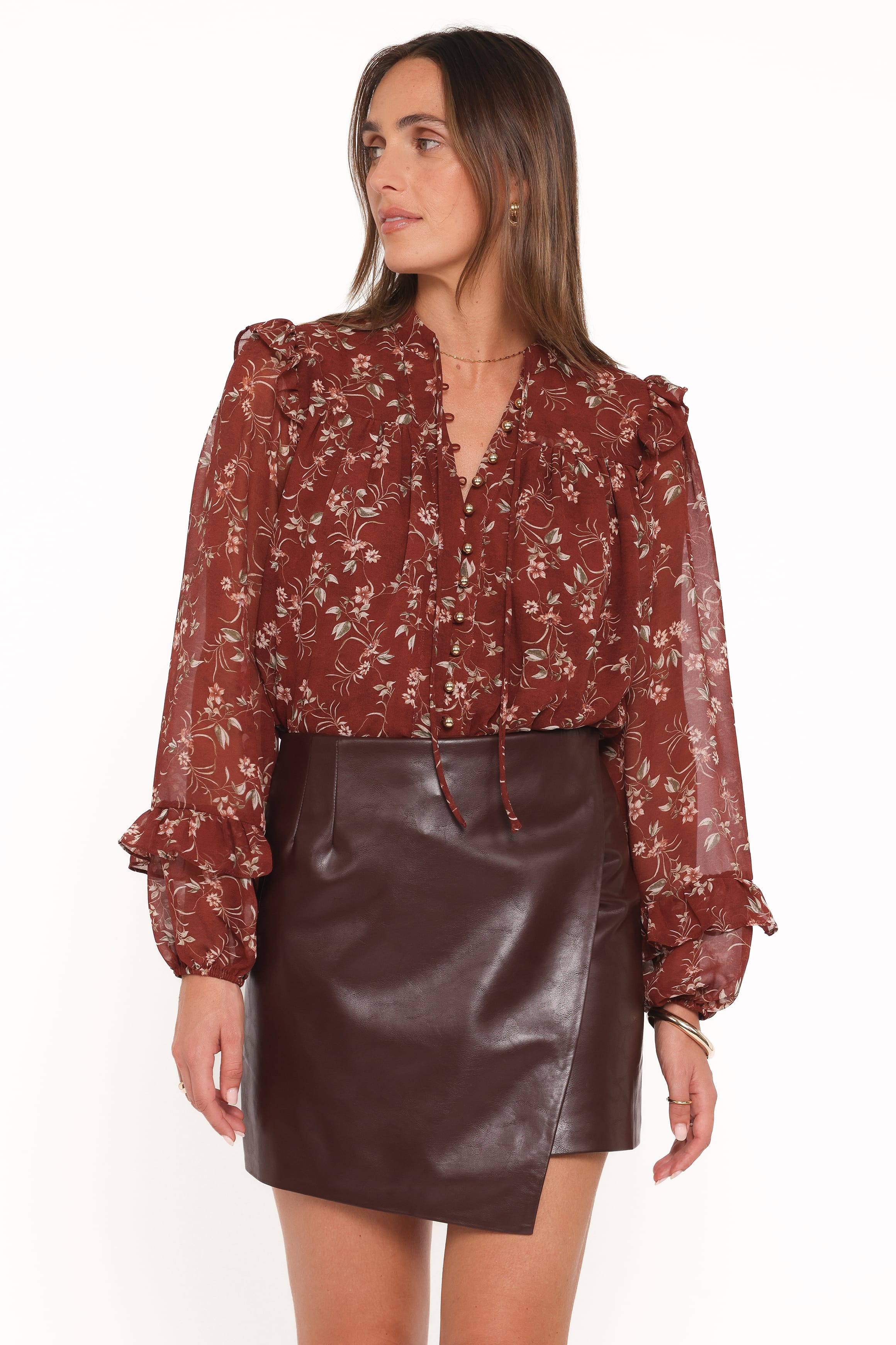 TOPS Elanira Ruffle Top - Rust Floral