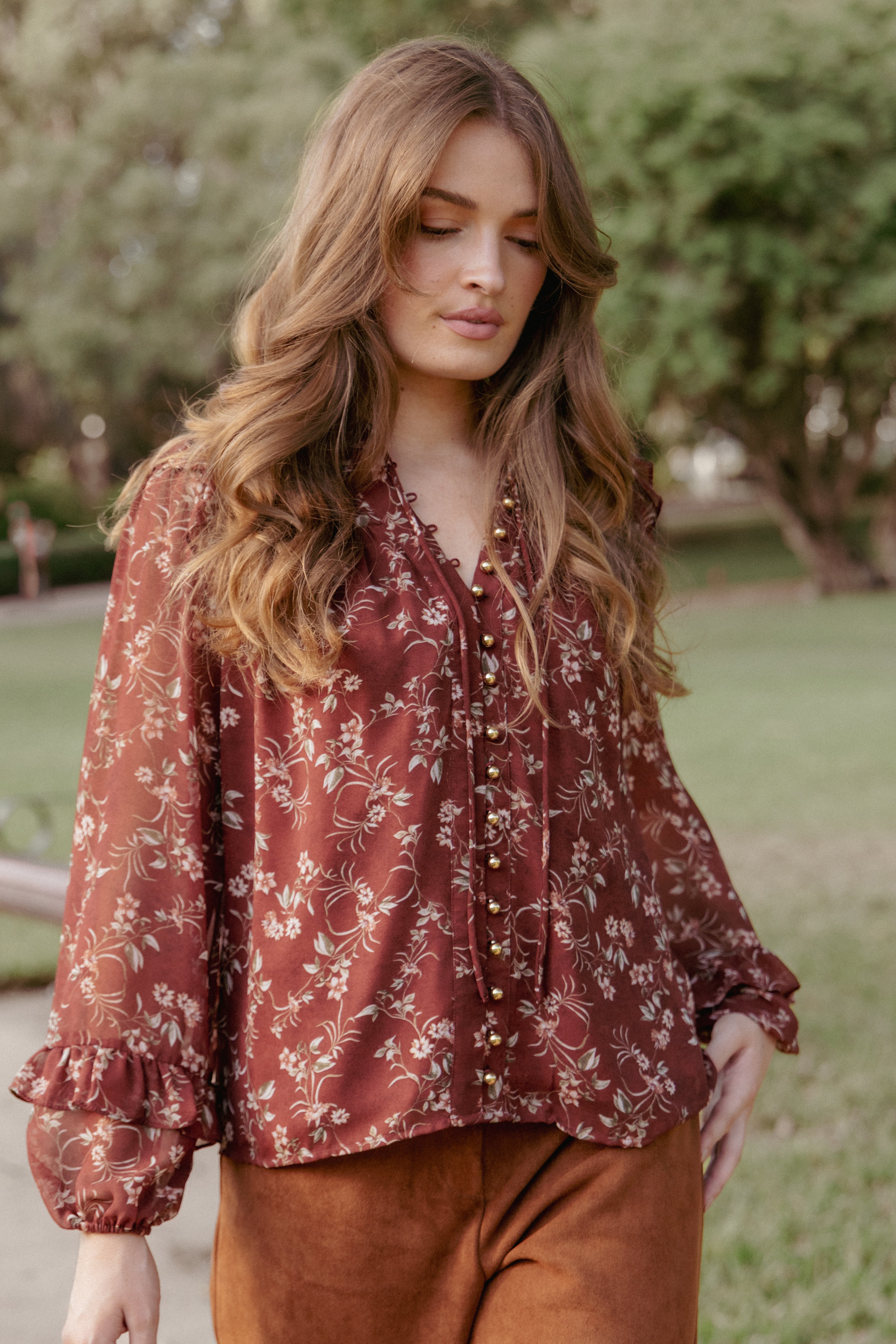 TOPS Elanira Ruffle Top - Rust Floral