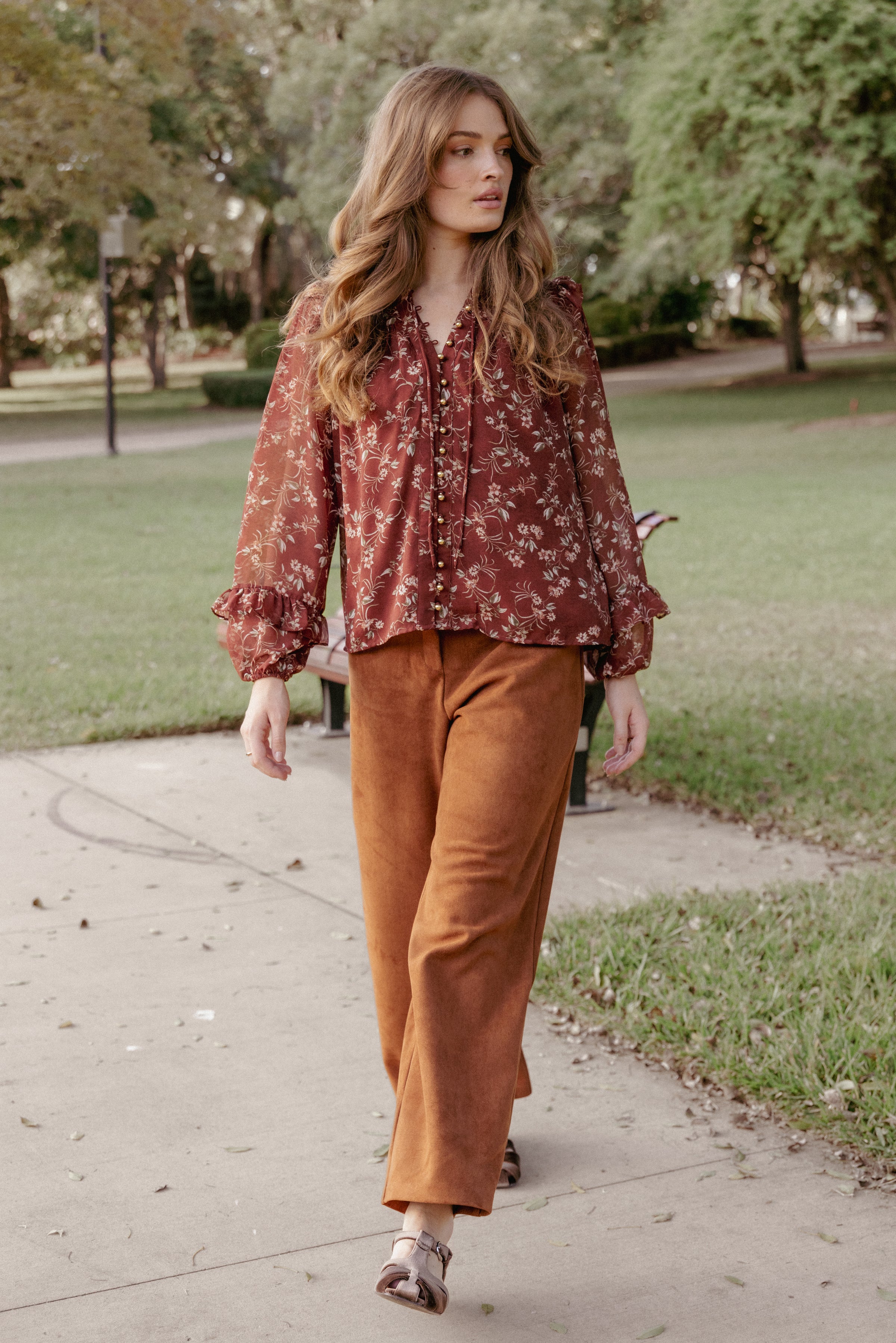 TOPS Elanira Ruffle Top - Rust Floral