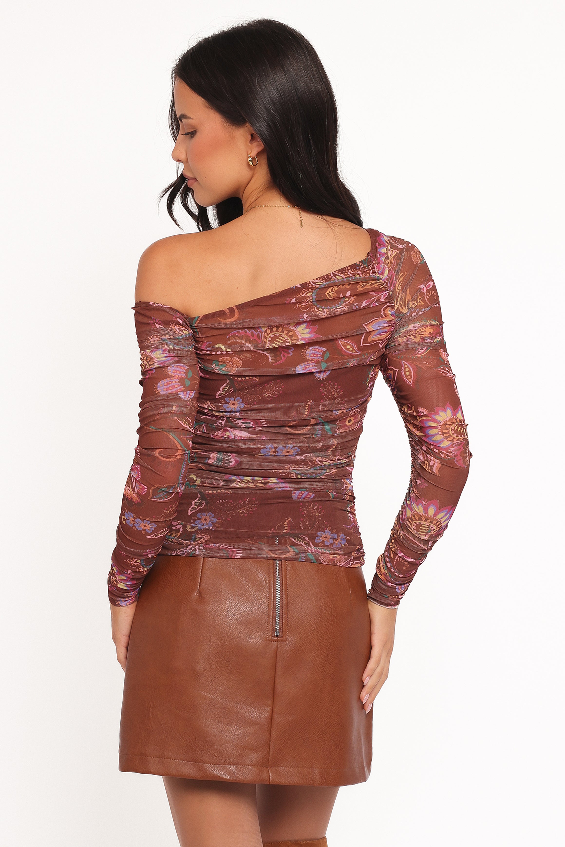 TOPS Elfrida Off Shoulder Mesh Top - Brown Floral