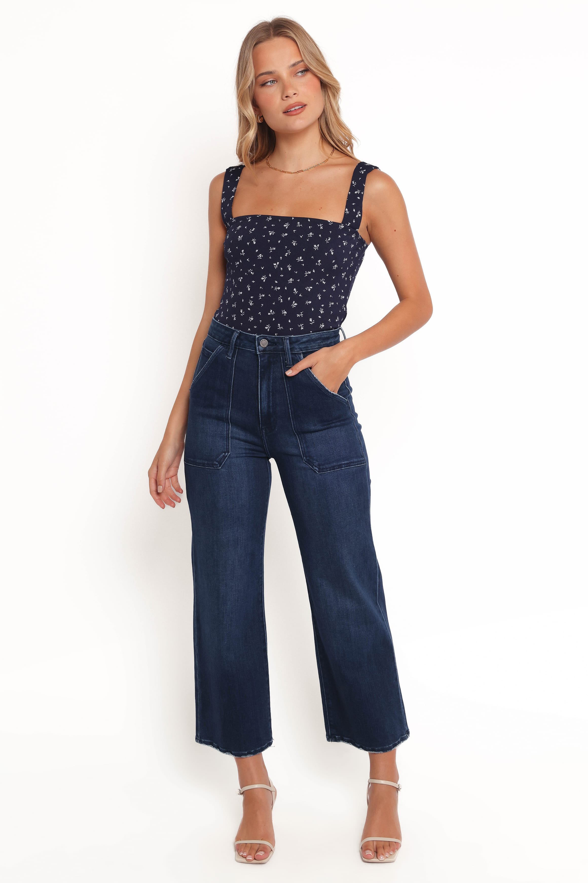 TOPS Esma Square Neck Knit Top - Navy Ditsy