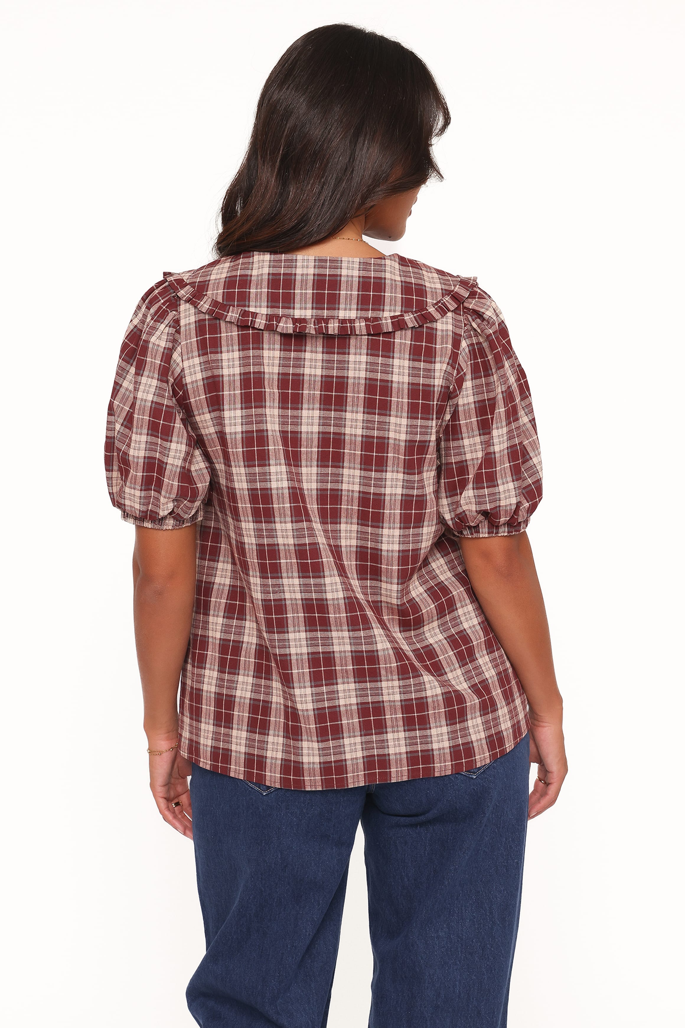 TOPS Evandri Frill Collar Top - Burgundy Plaid