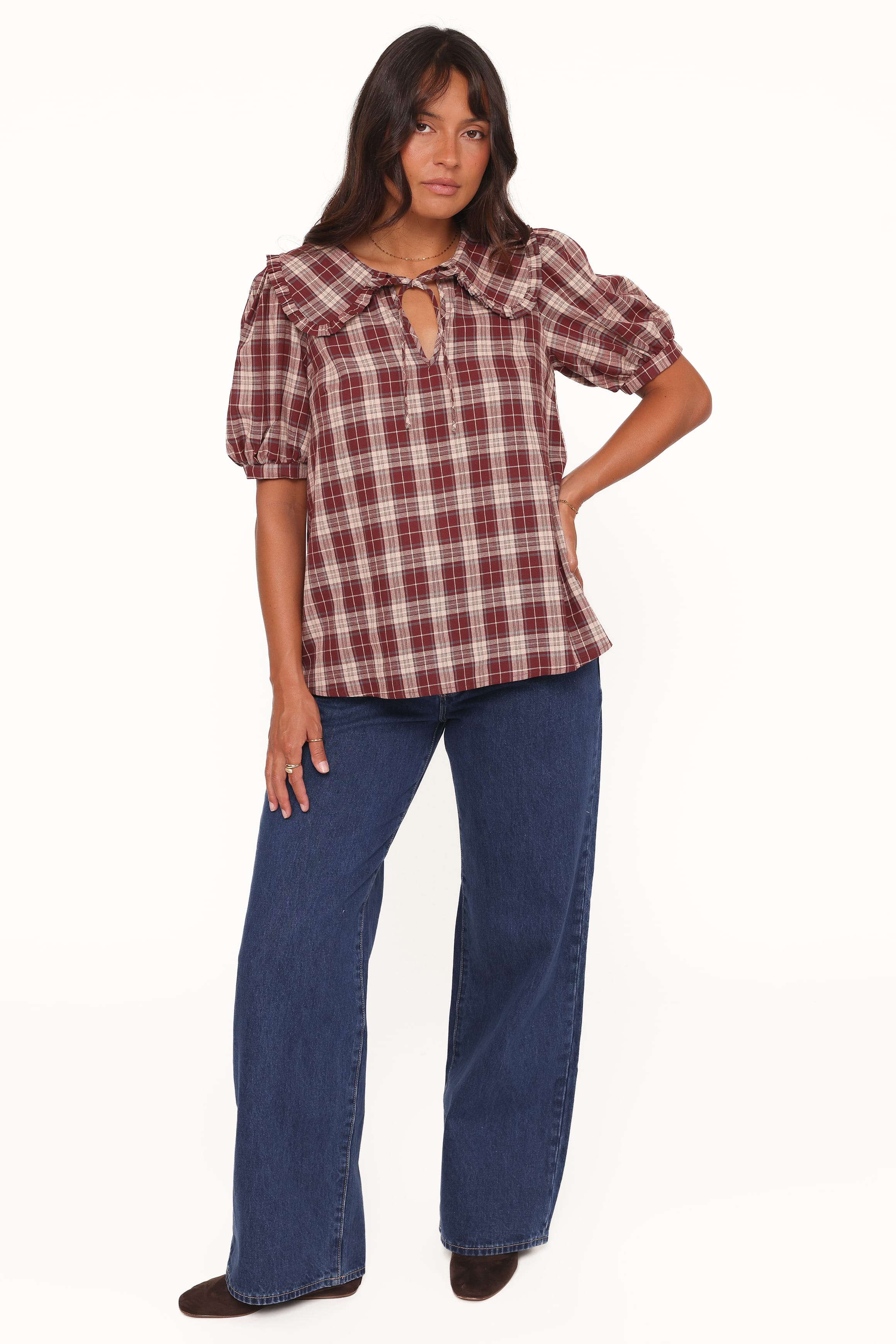 TOPS Evandri Frill Collar Top - Burgundy Plaid