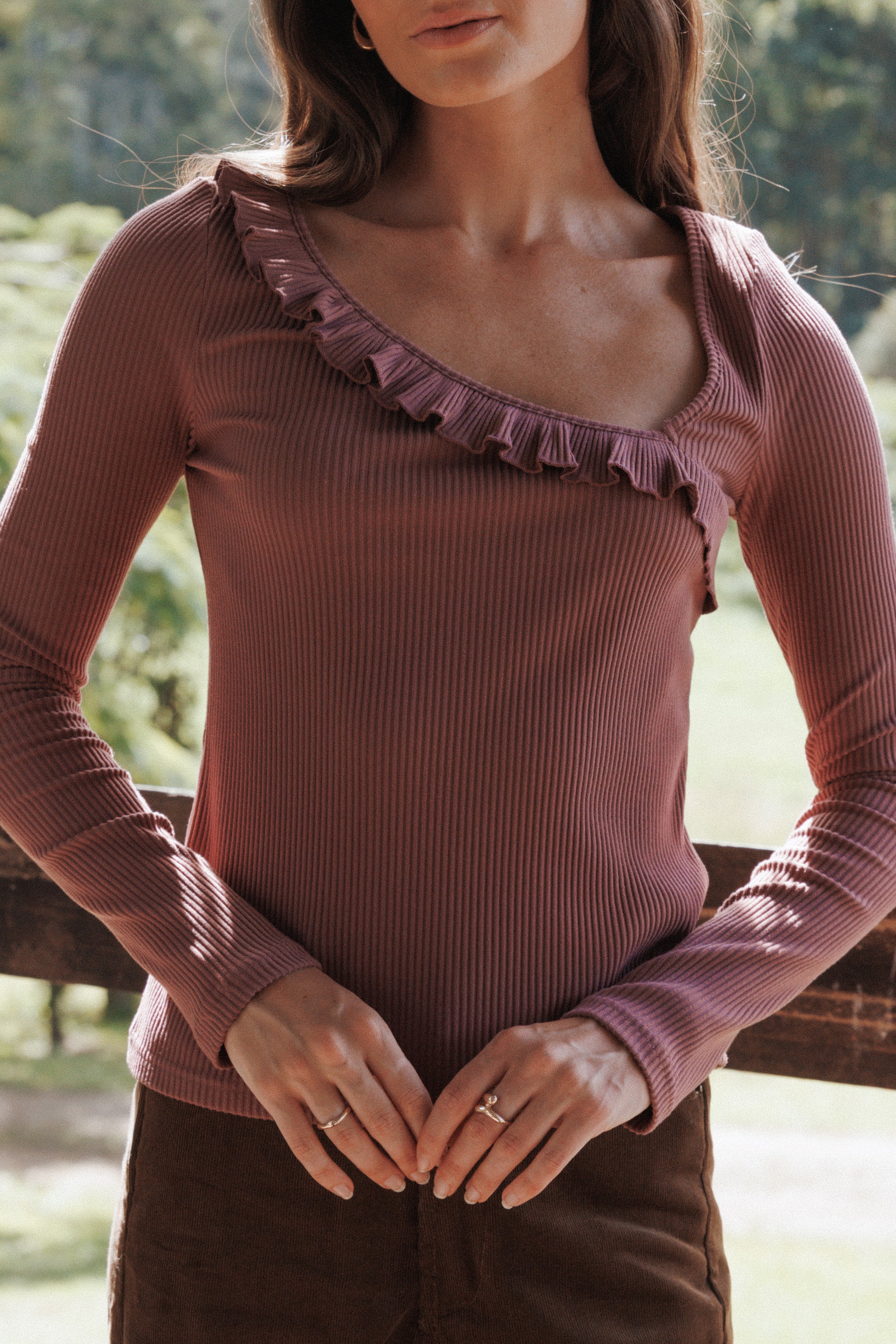 TOPS Evanna Frill Neck Top - Burgundy