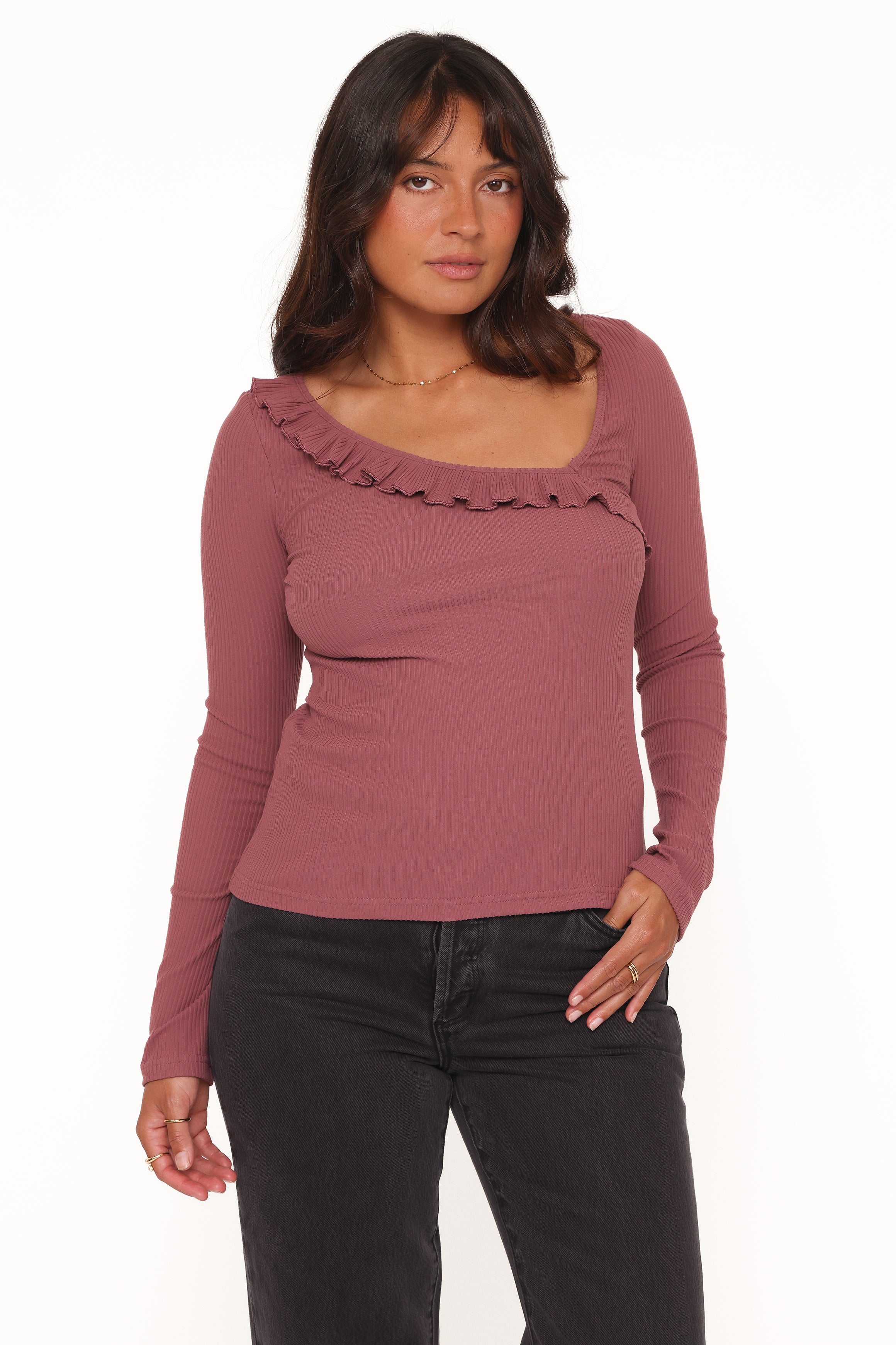 TOPS Evanna Frill Neck Top - Burgundy