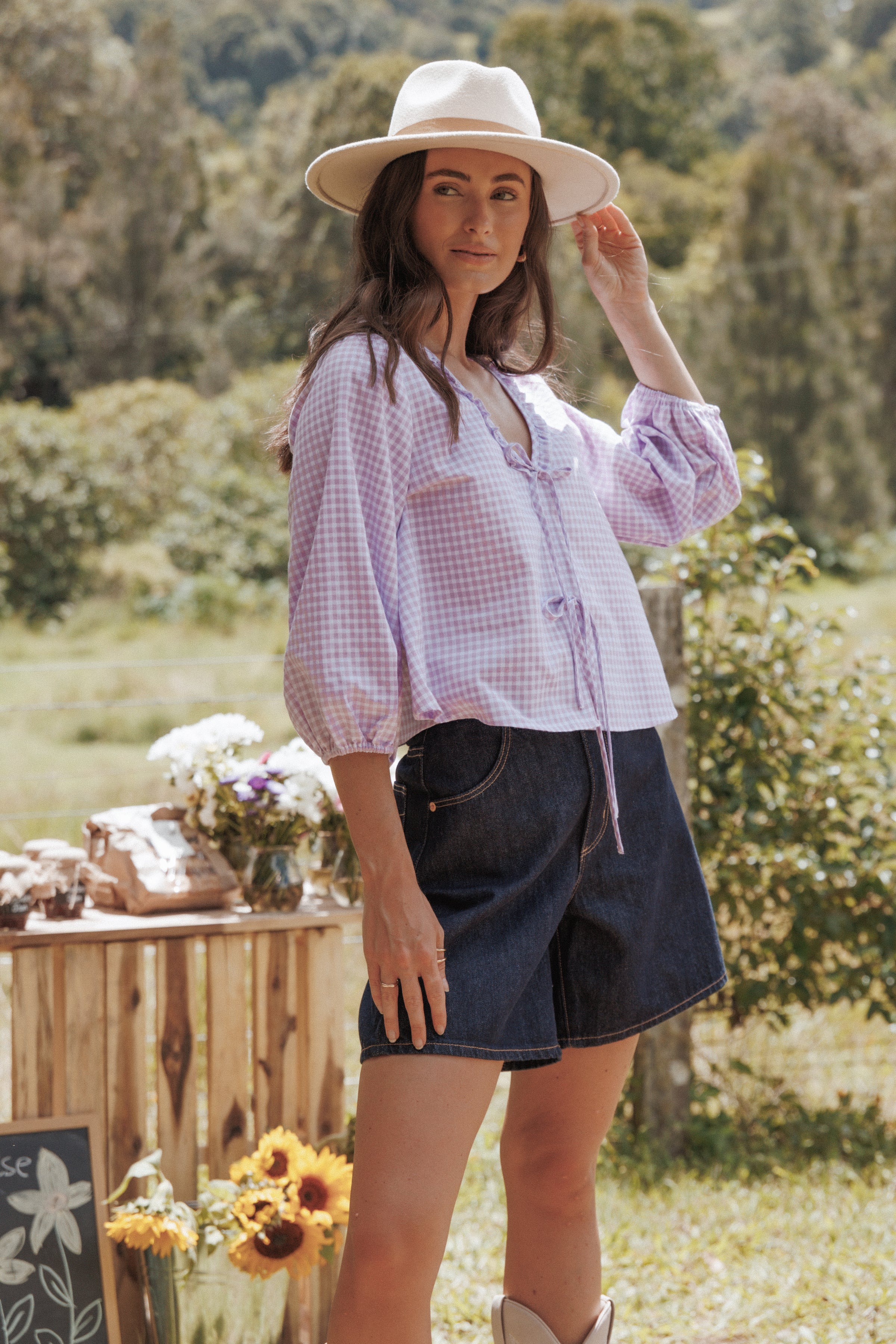 TOPS Fainche Front Tie Top - Lilac Gingham