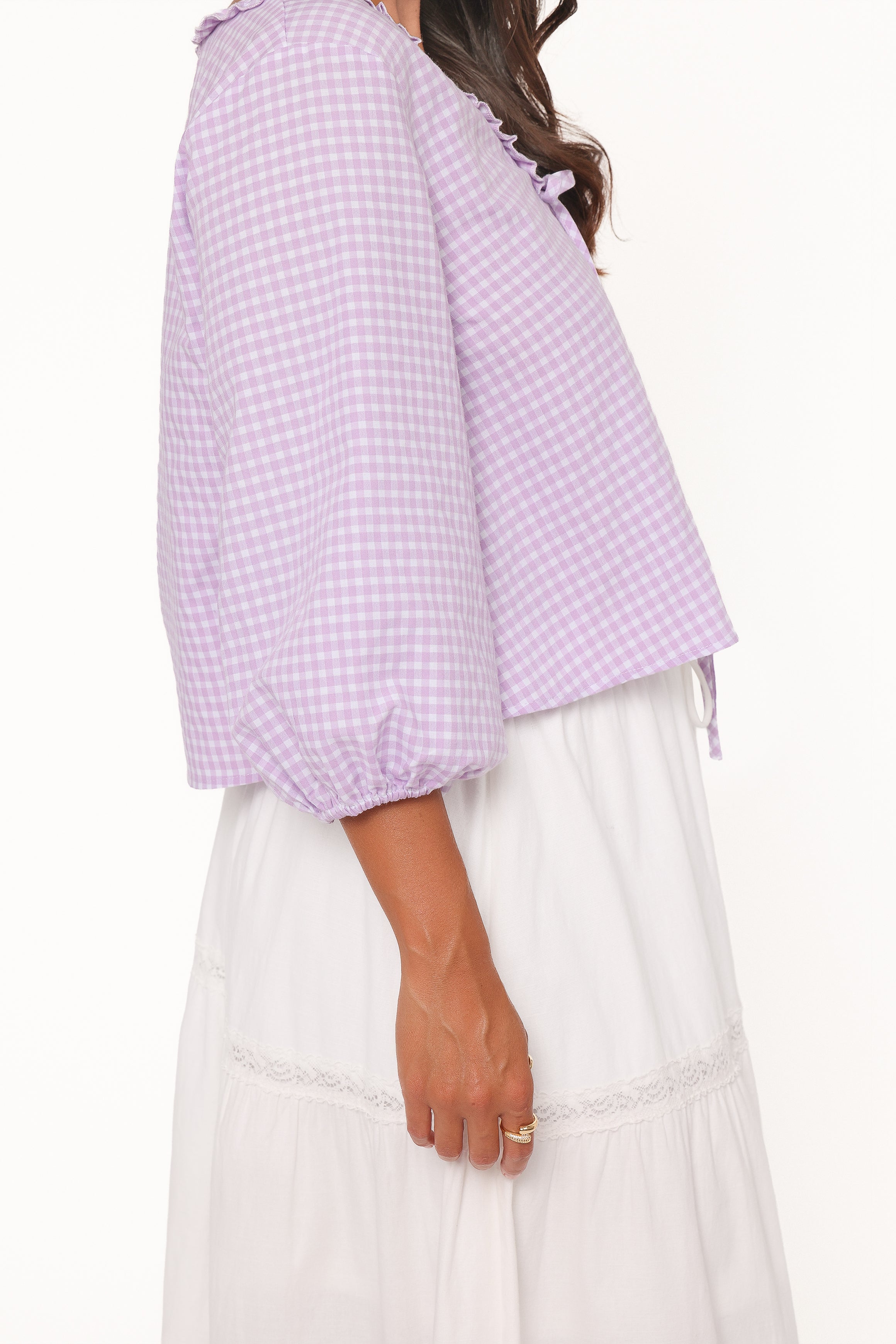 TOPS Fainche Front Tie Top - Lilac Gingham