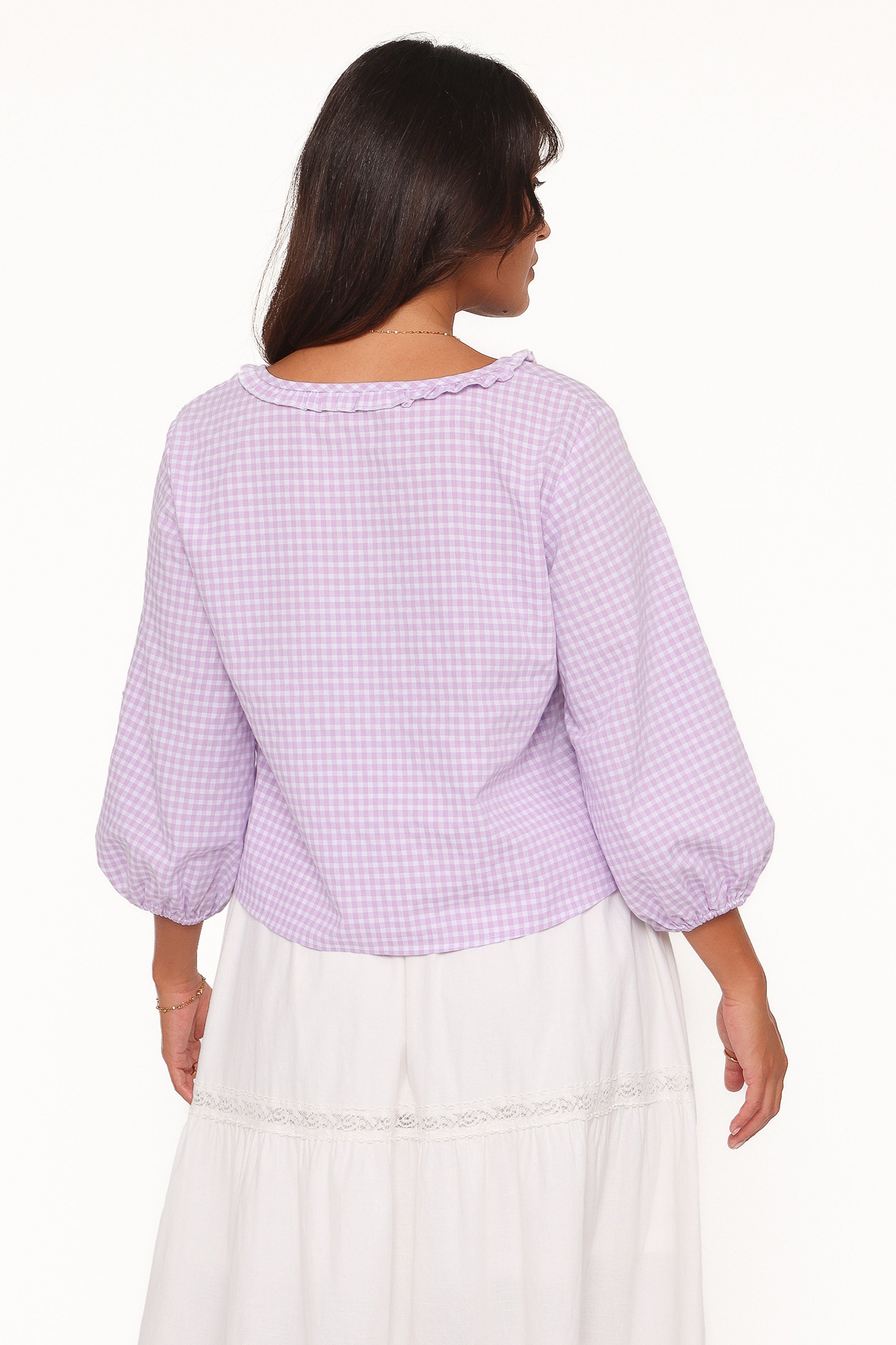 TOPS Fainche Front Tie Top - Lilac Gingham