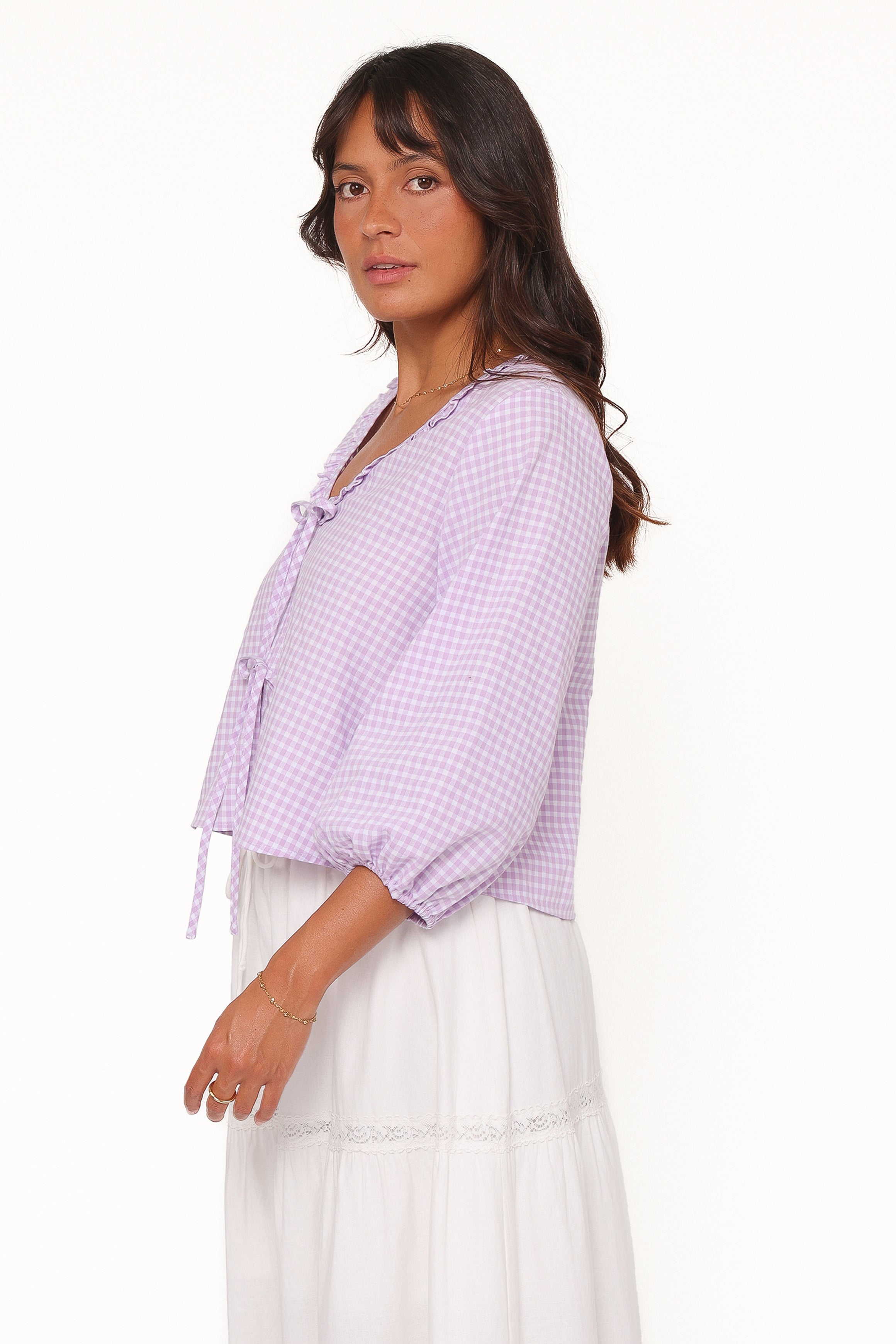 TOPS Fainche Front Tie Top - Lilac Gingham