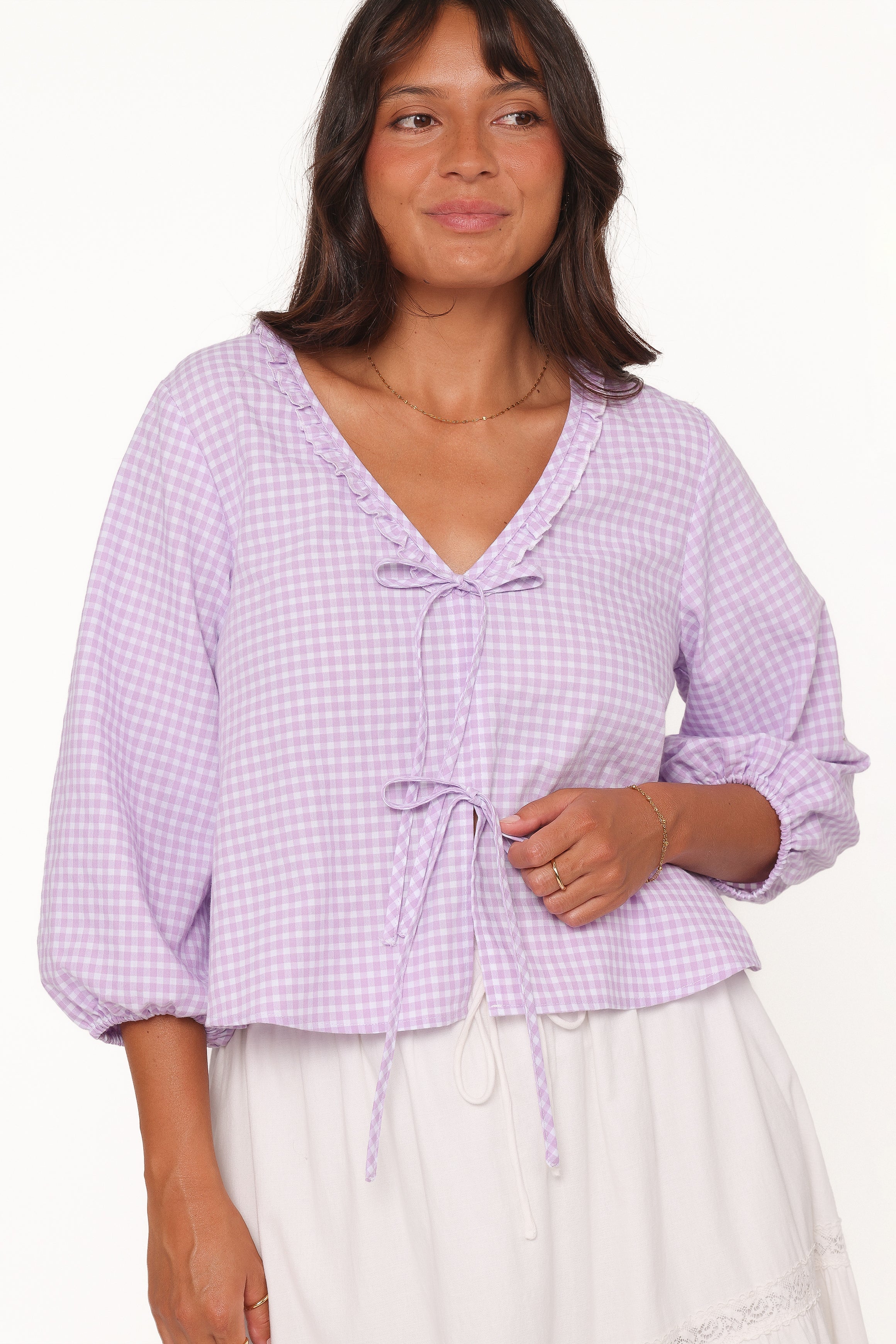 TOPS Fainche Front Tie Top - Lilac Gingham