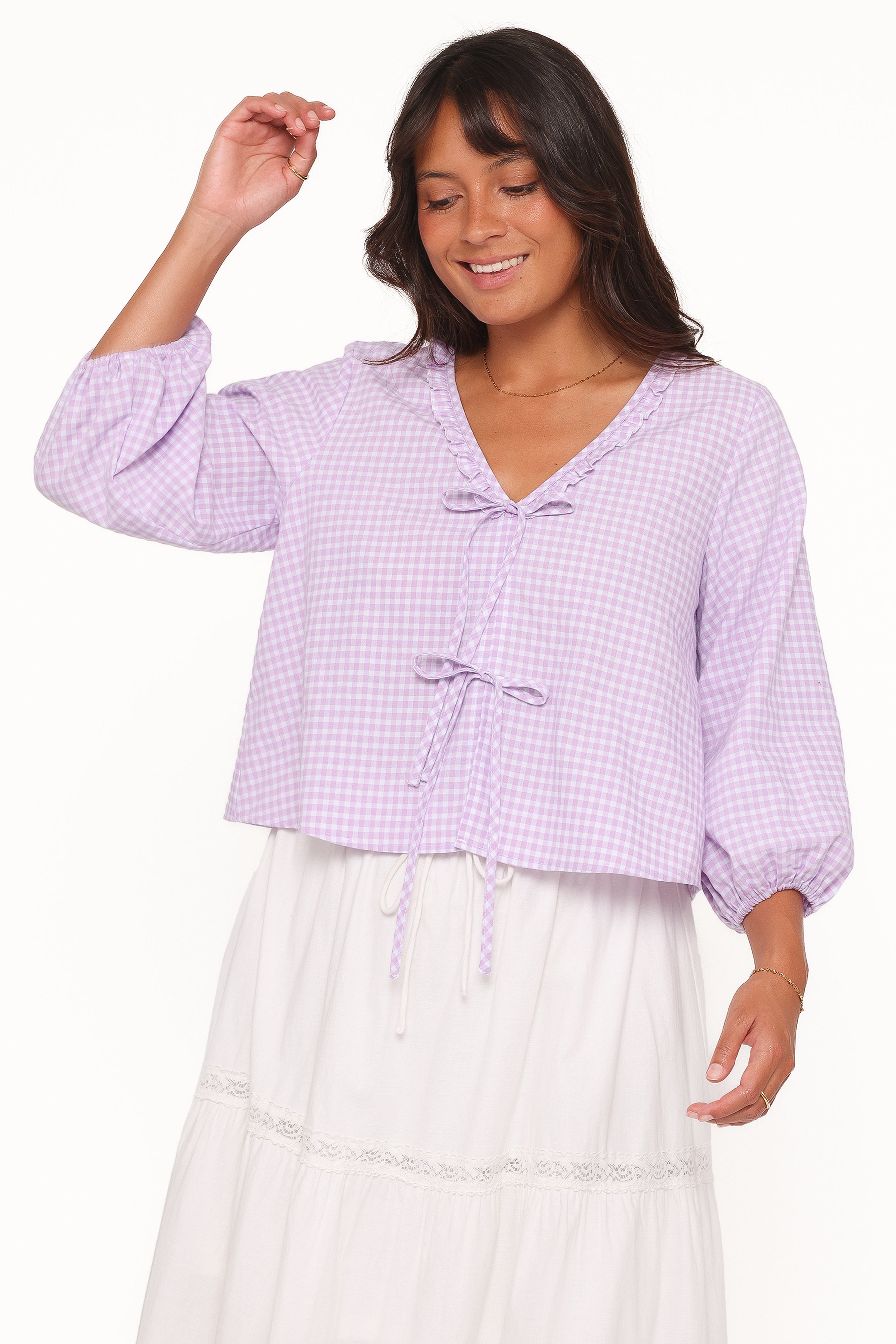 TOPS Fainche Front Tie Top - Lilac Gingham