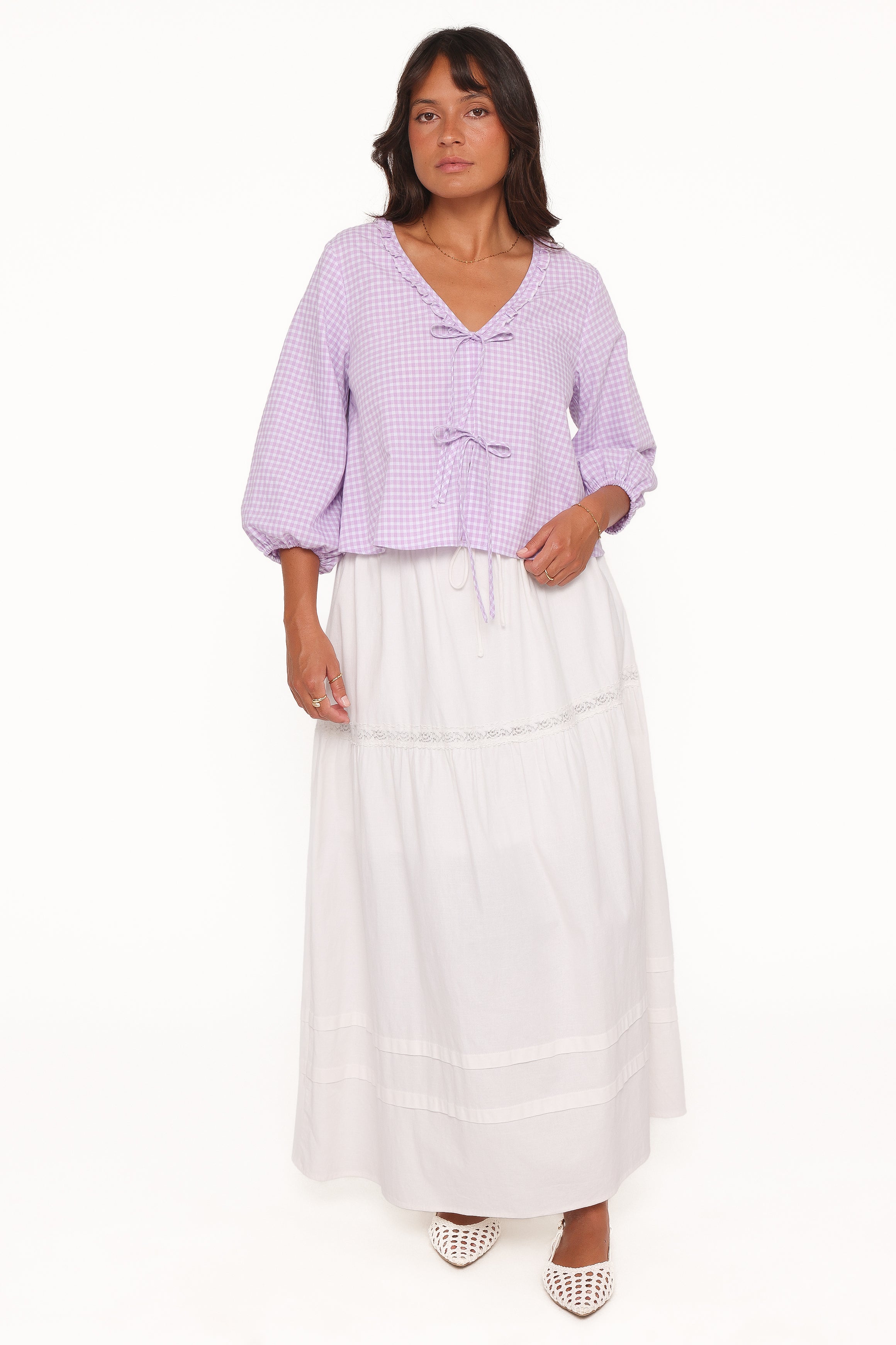TOPS Fainche Front Tie Top - Lilac Gingham