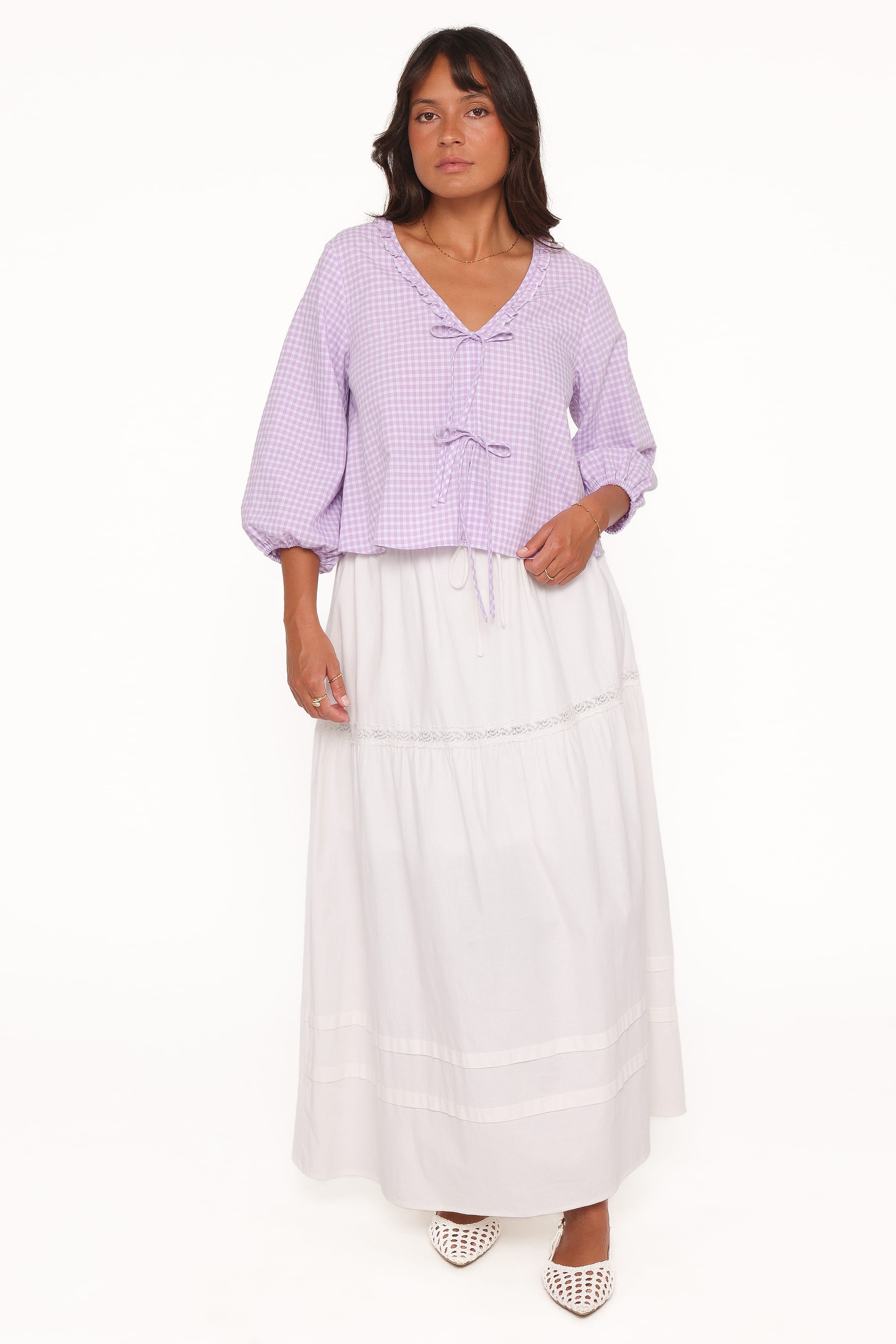TOPS Fainche Front Tie Top - Lilac Gingham