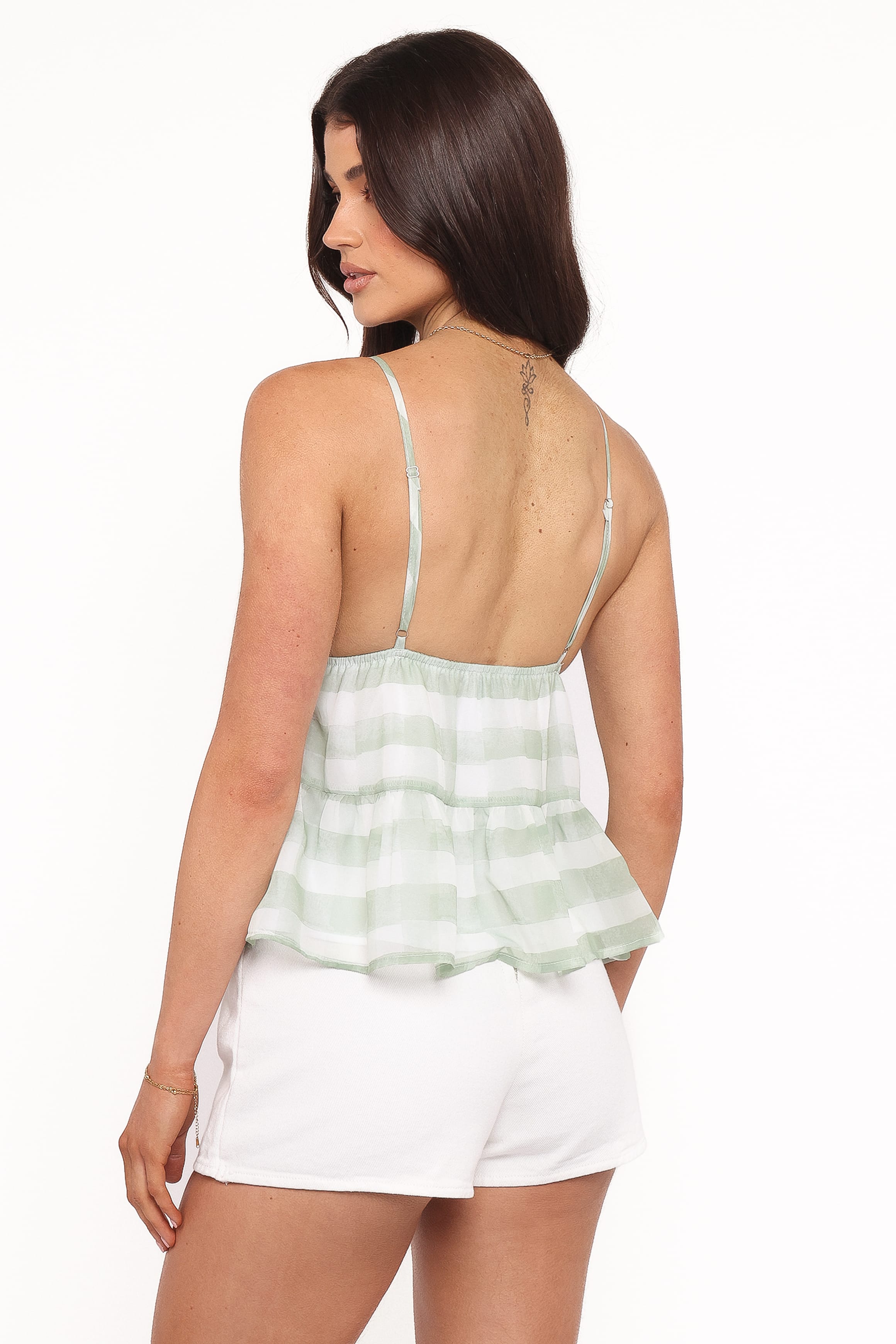 TOPS Fallen Peplum Top - Green Gingham