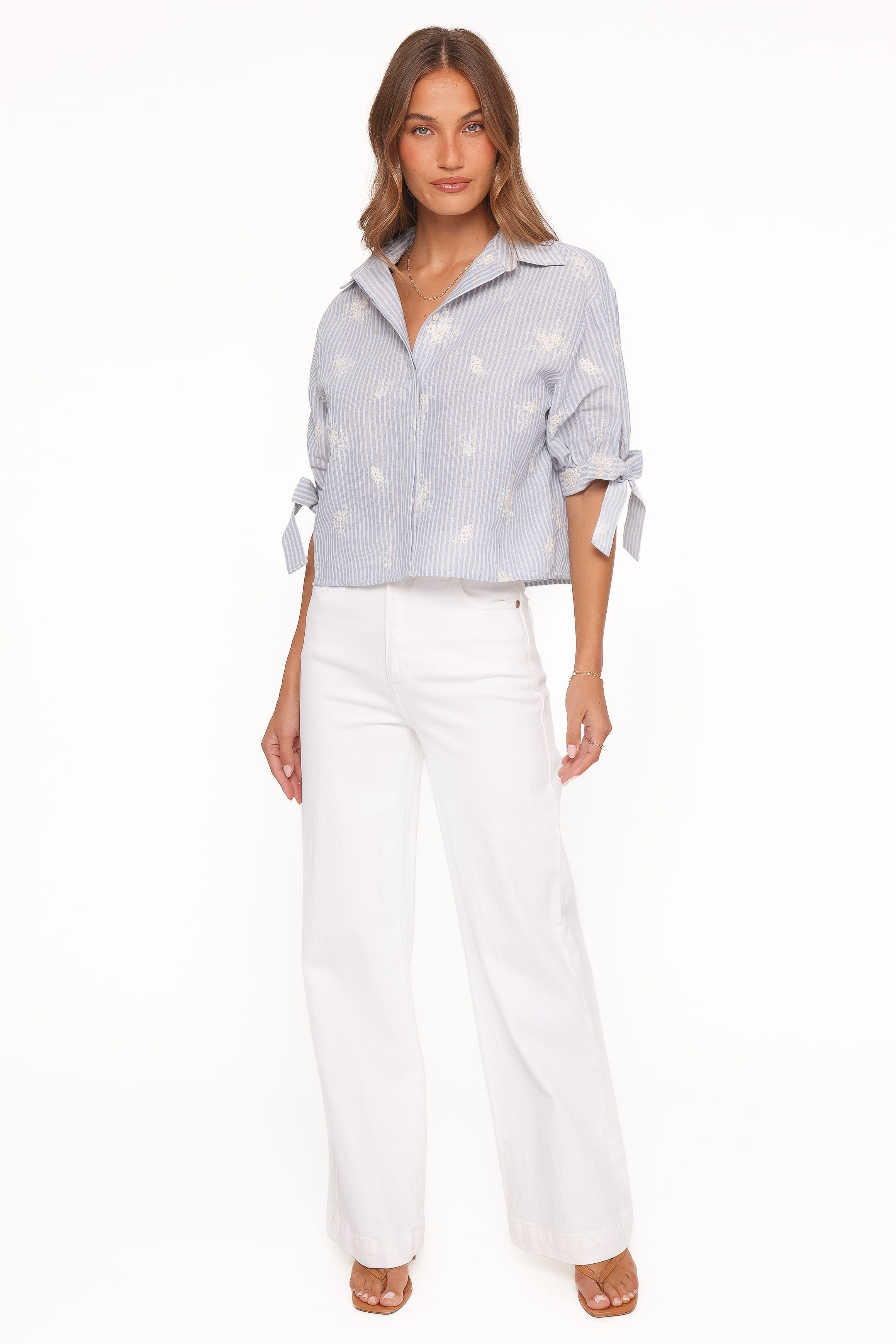 TOPS Floriana Tie Sleeve Shirt - Blue Stripe