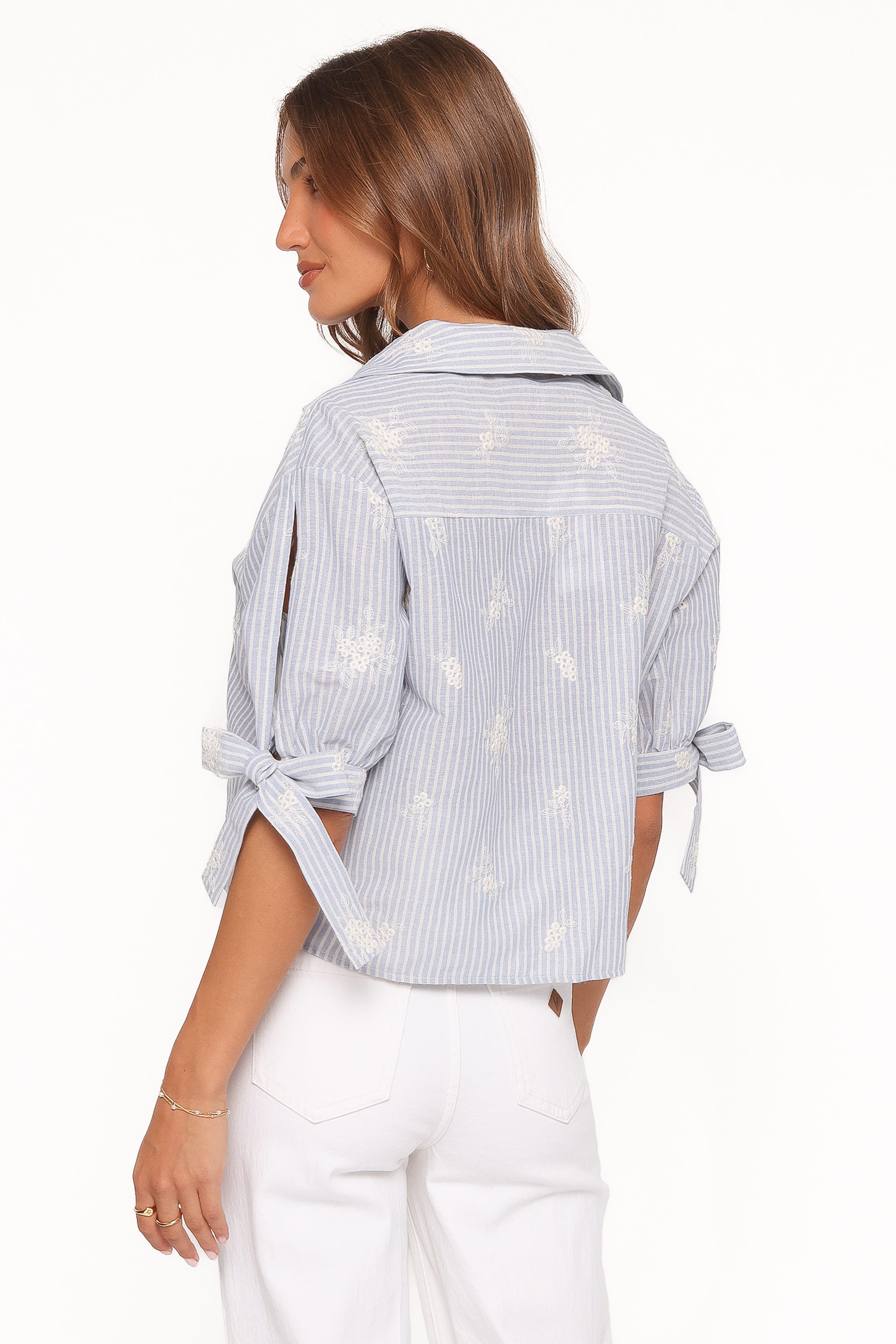 TOPS Floriana Tie Sleeve Shirt - Blue Stripe