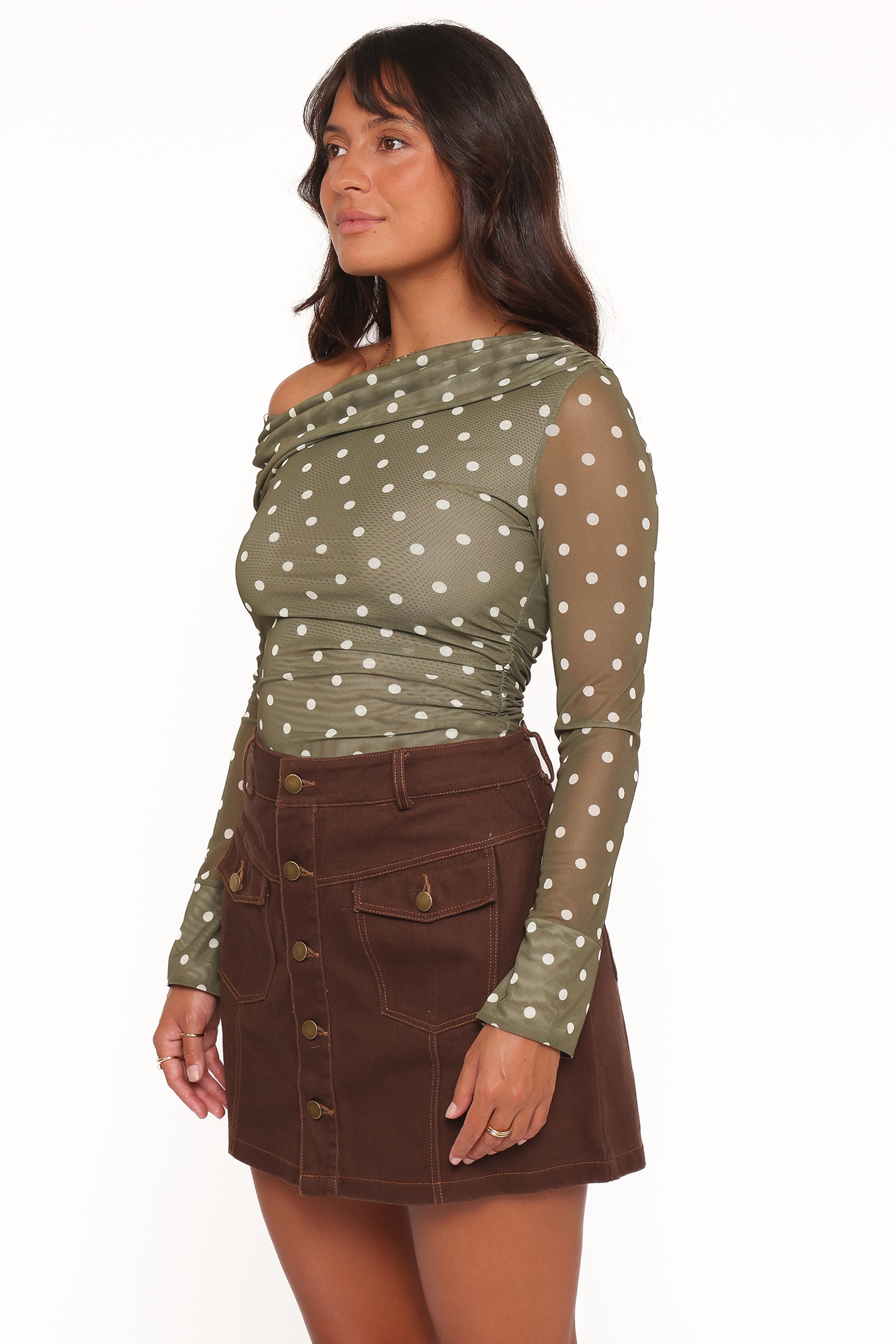 TOPS Ginevra Off Shoulder Mesh Top - Green Polka Dot