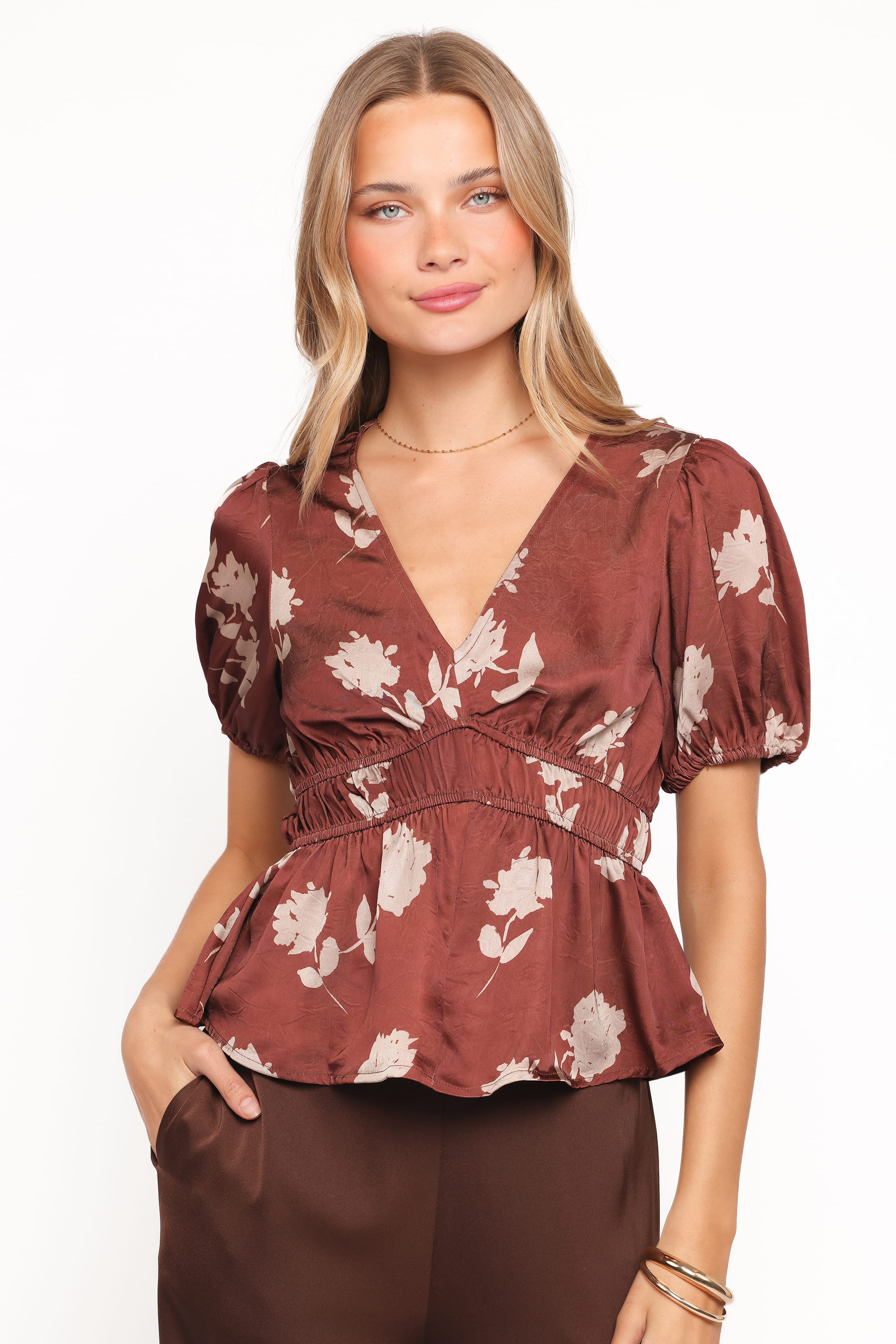TOPS Griffin Peplum Blouse - Brown Floral