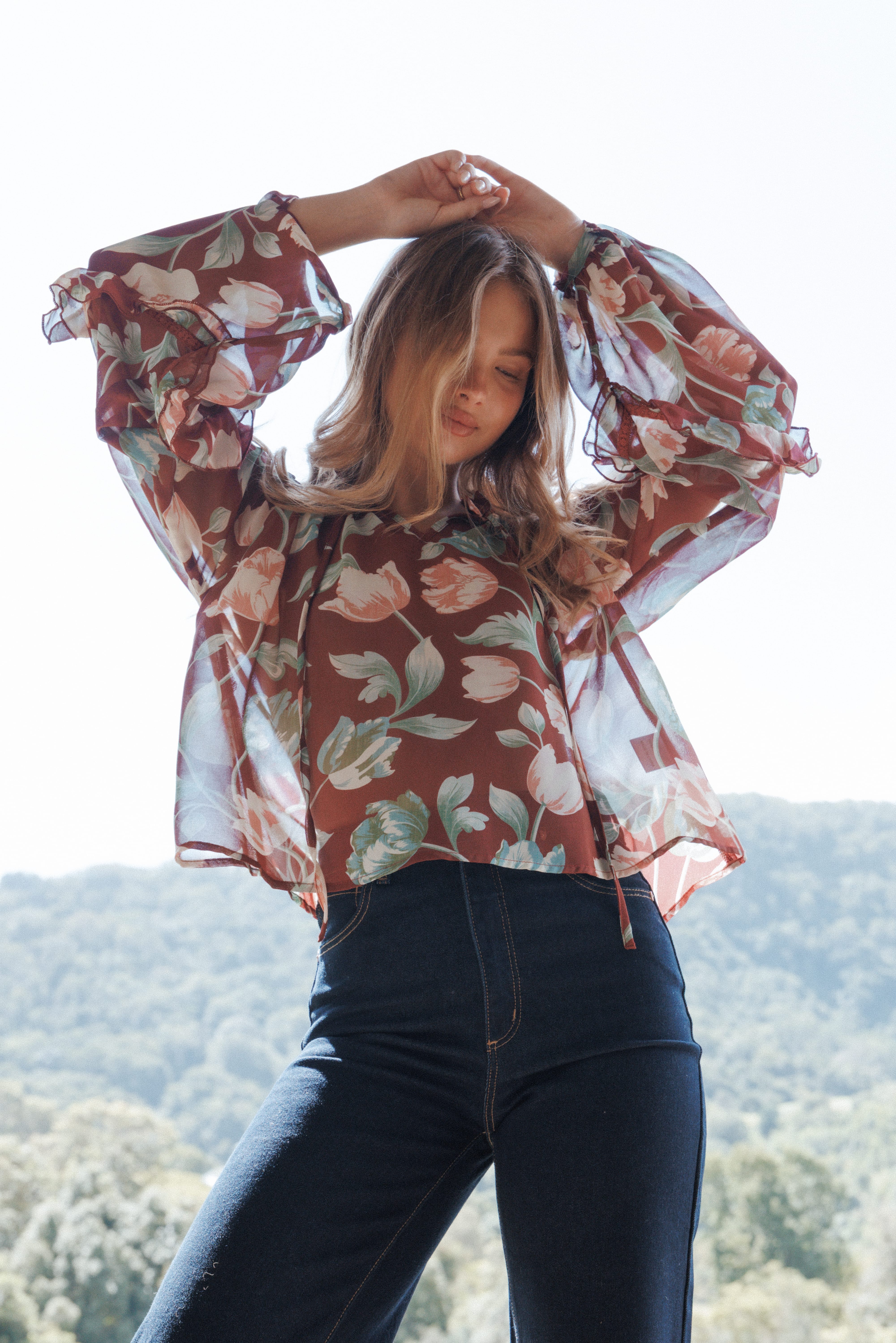 TOPS Hesper Ruffle Top - Red Tulip Floral