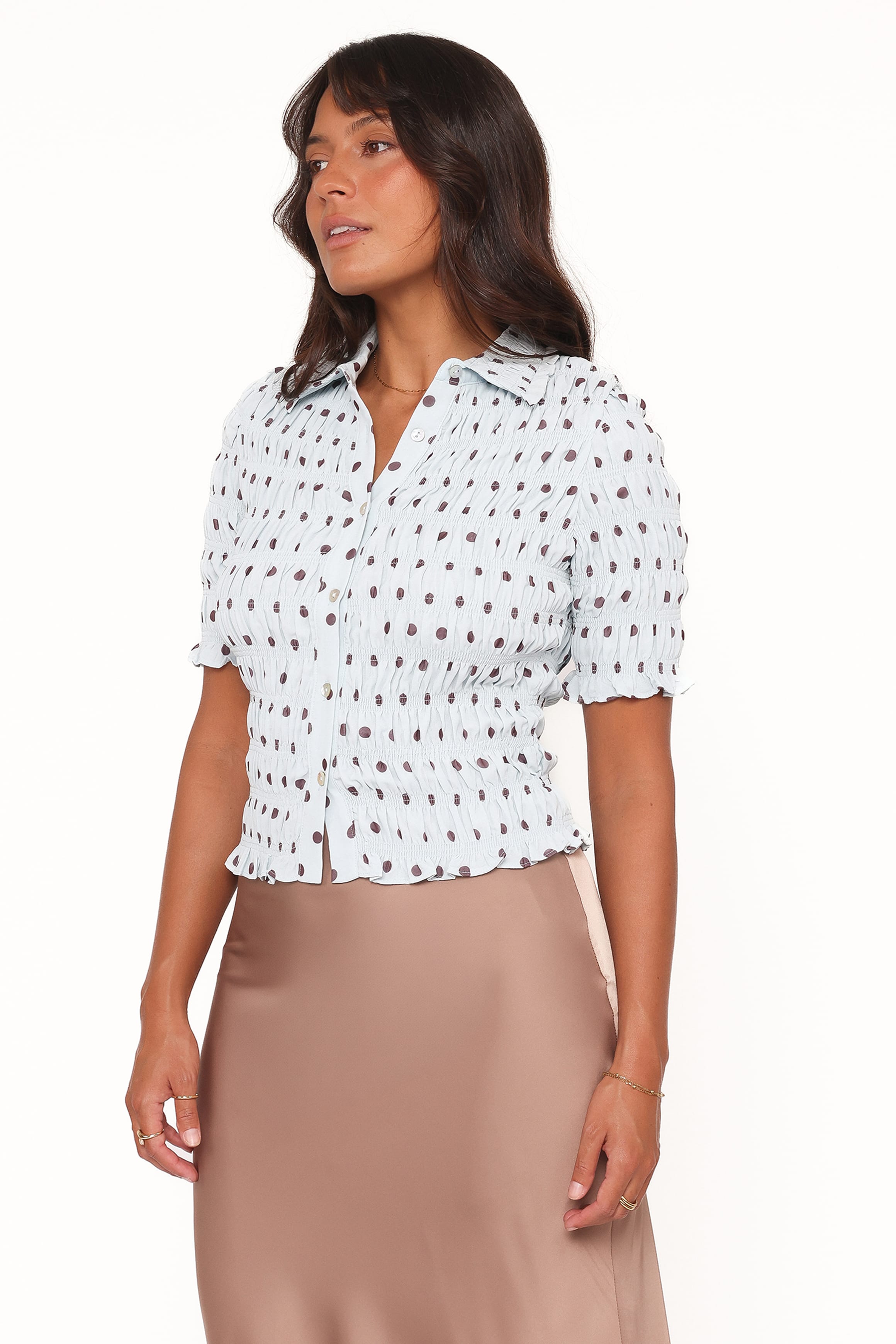 TOPS Hollis Smocked Shirt - Blue Polka Dot