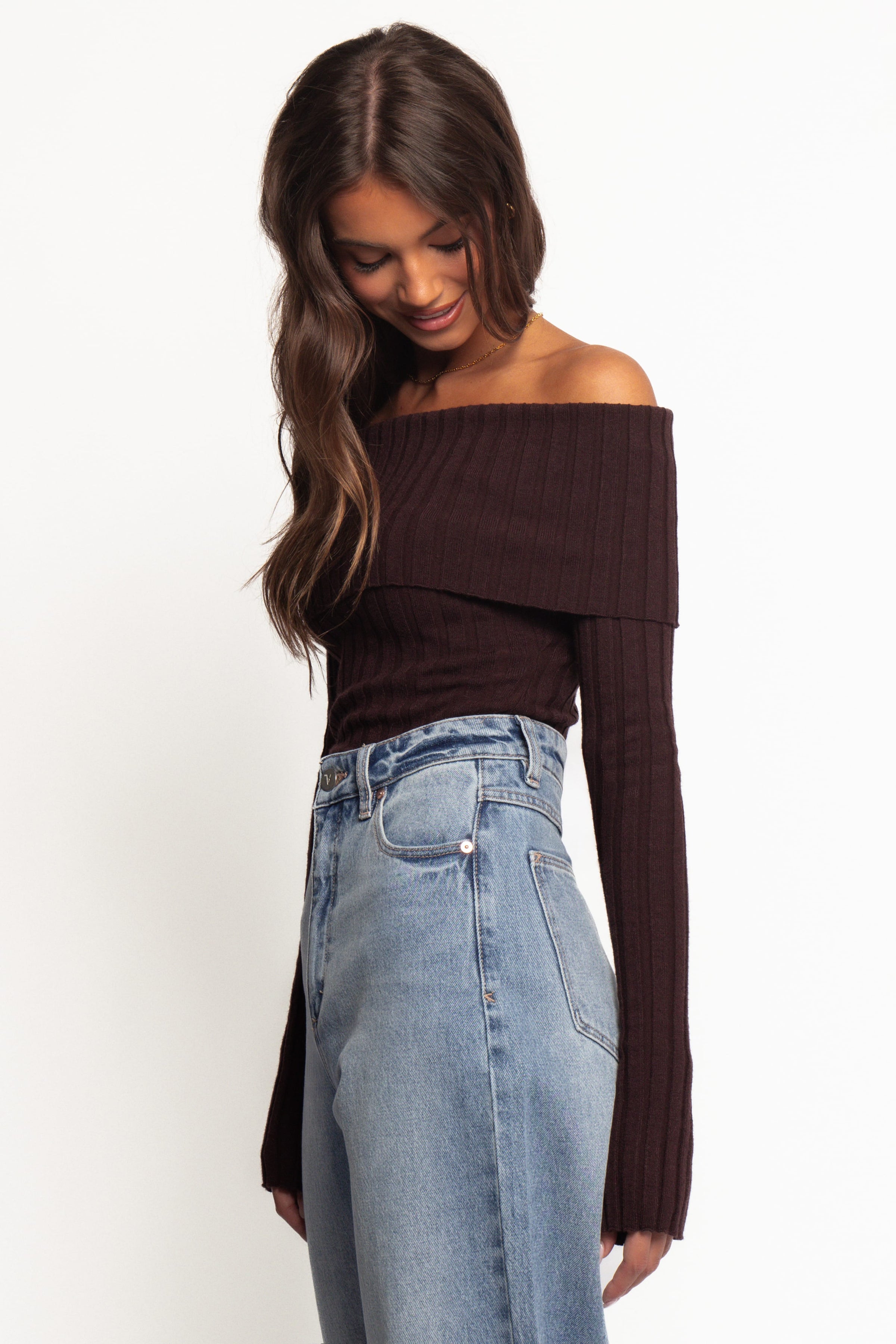 TOPS Inora Off Shoulder Knit Top - Chocolate