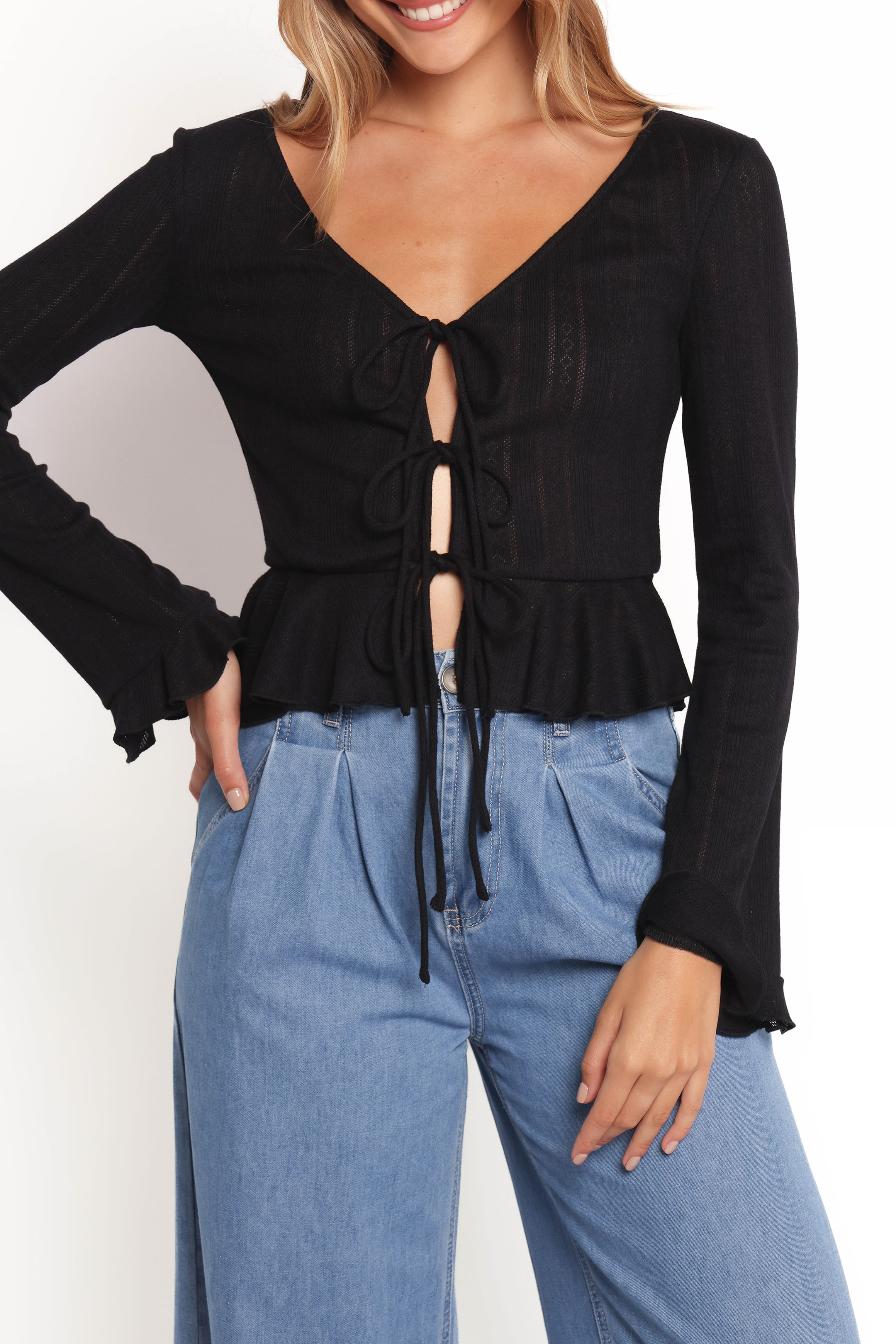 TOPS Islah Pointelle Cardigan Top - Black