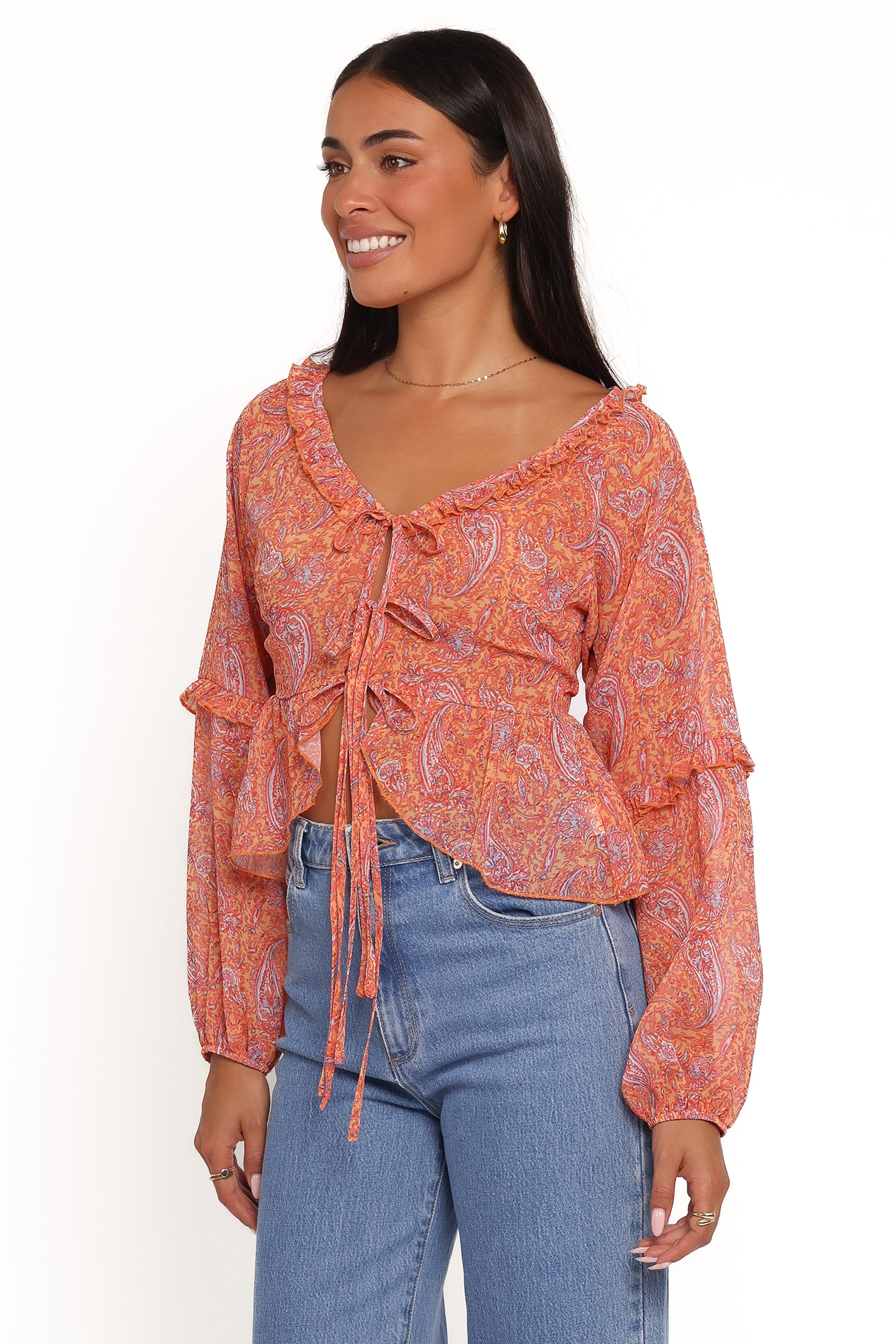 TOPS Isolt Tie Front Top - Orange Paisley