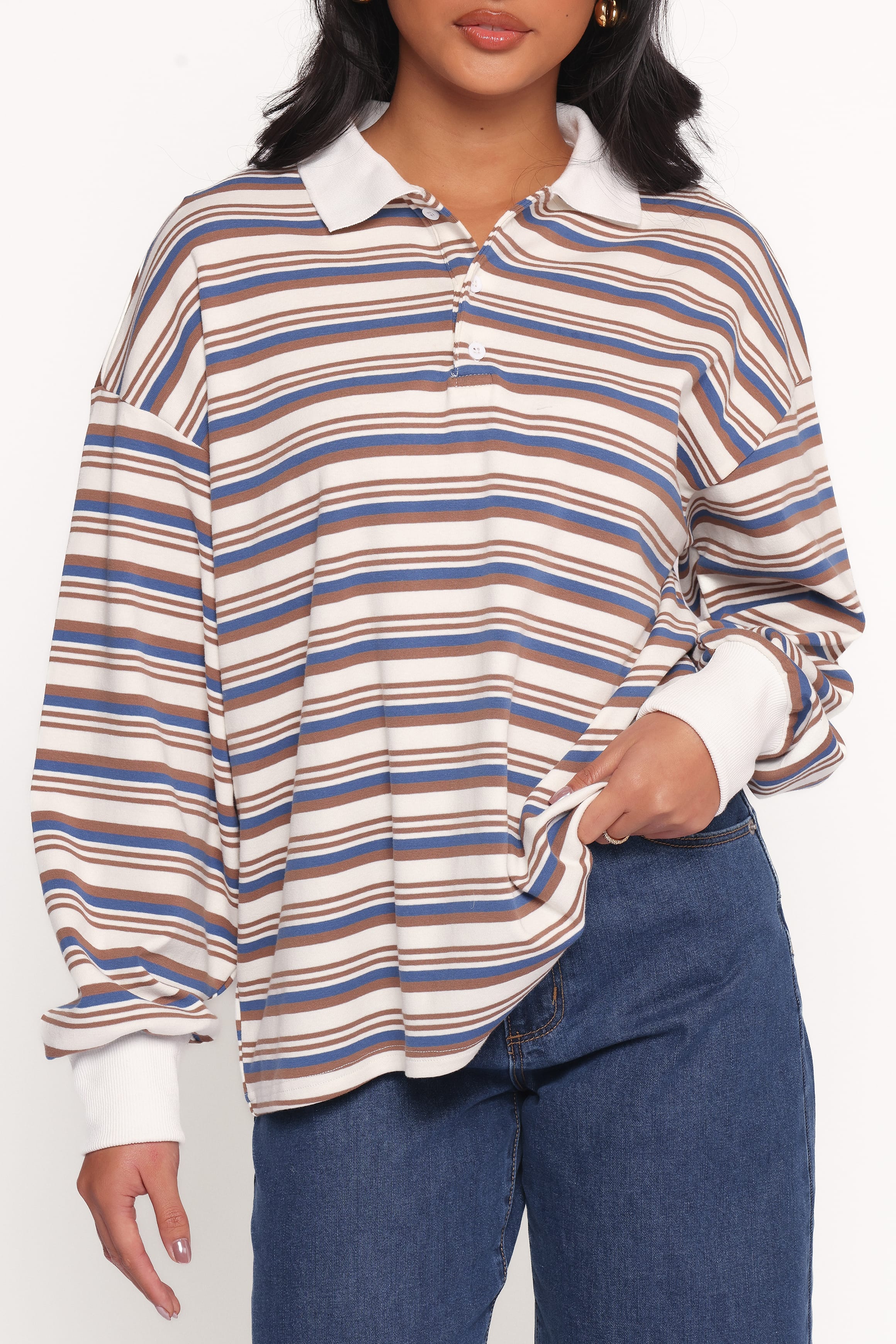 TOPS Jayden Striped Collar Knit Sweater - Brown Stripe