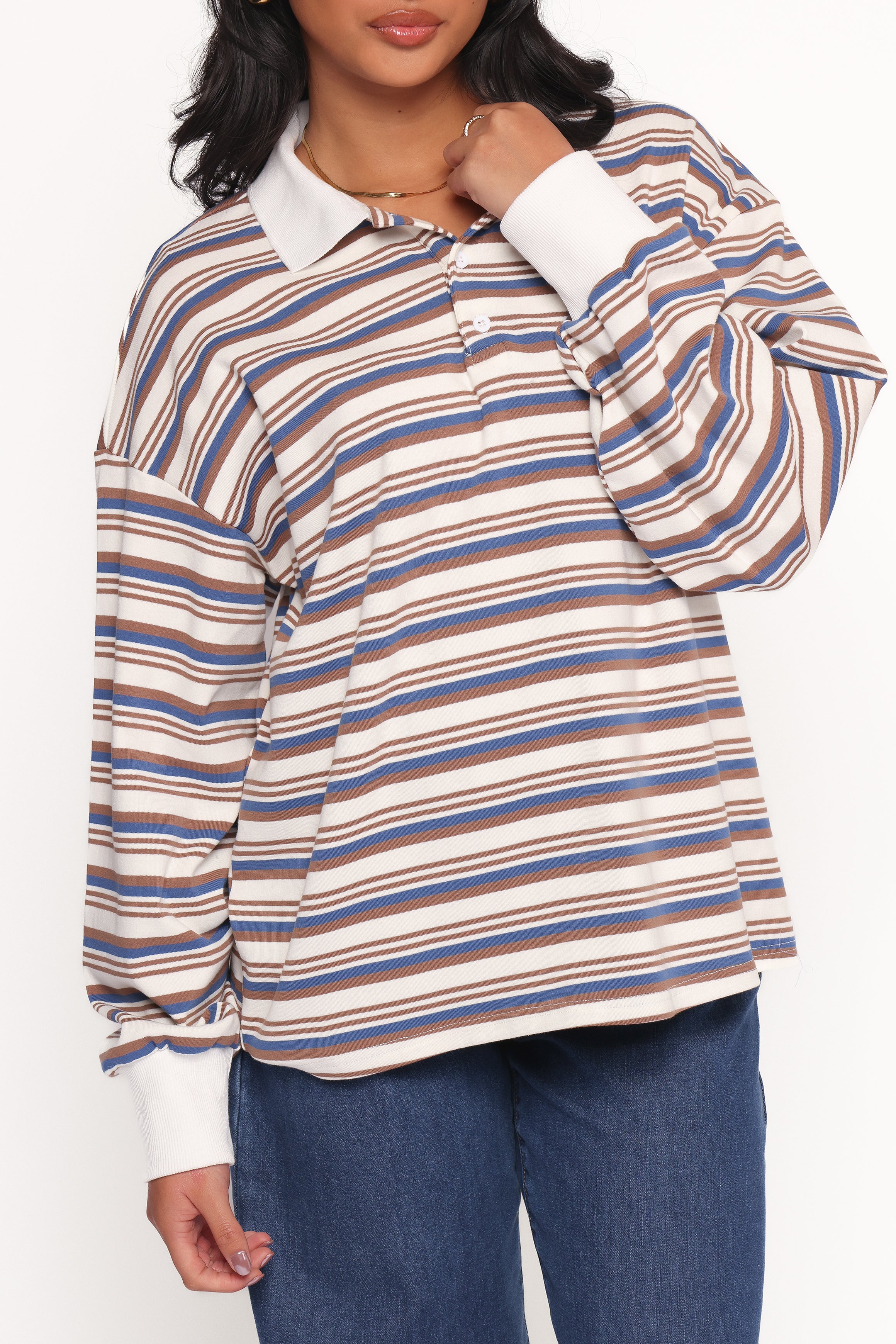 TOPS Jayden Striped Collar Knit Sweater - Brown Stripe