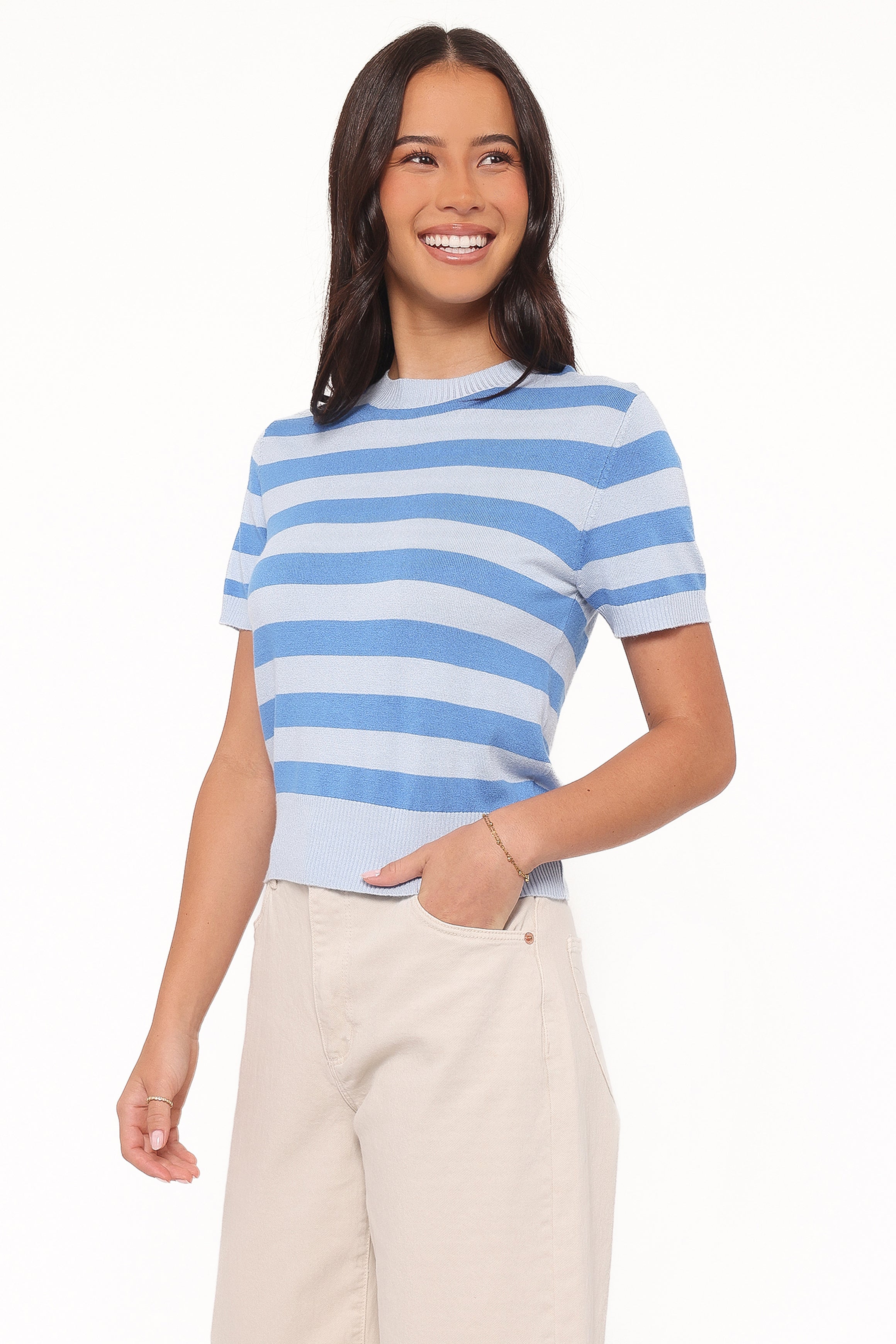 TOPS Joss Cropped Knitted Tee - Blue Stripe
