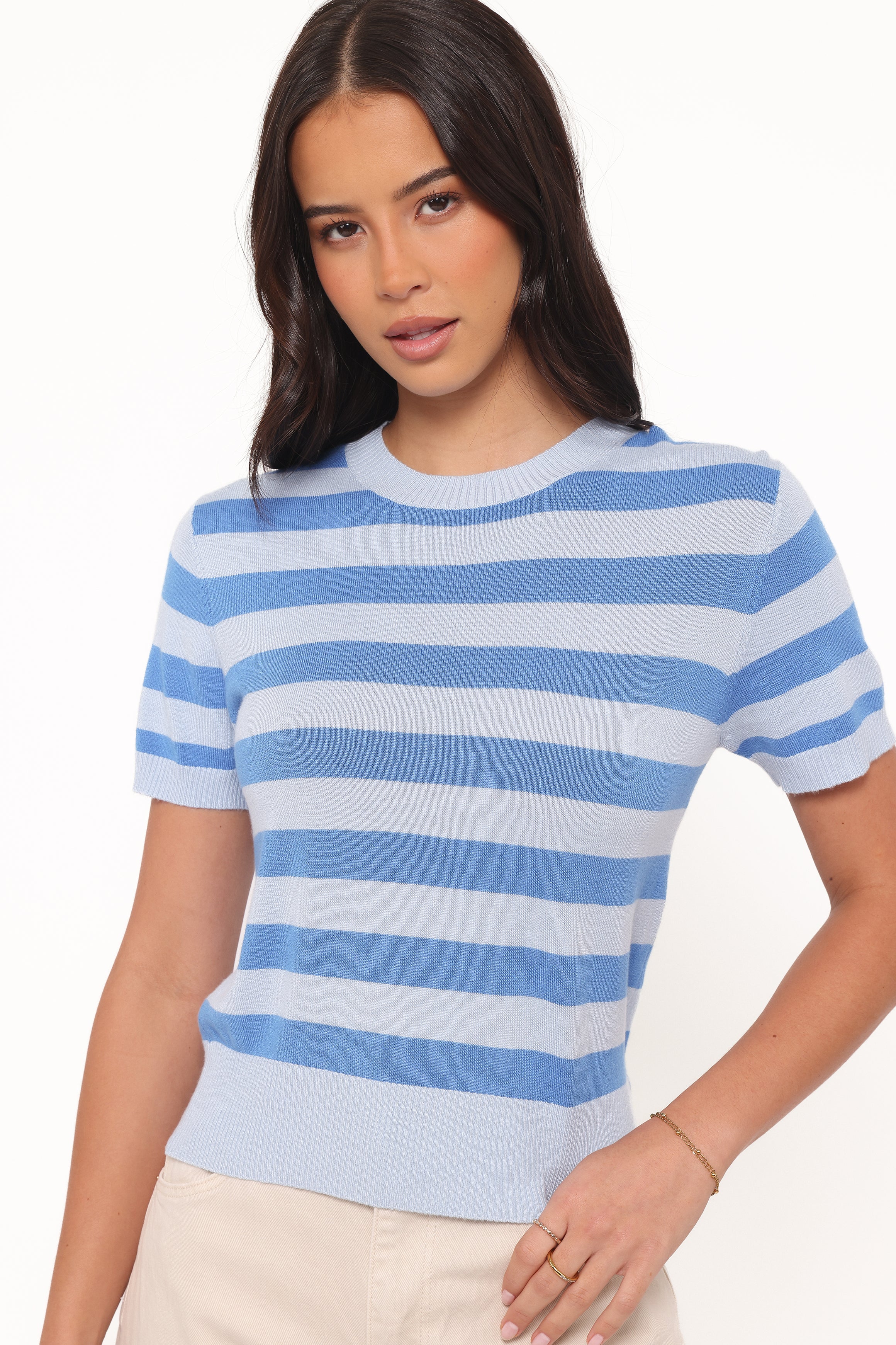 TOPS Joss Cropped Knitted Tee - Blue Stripe