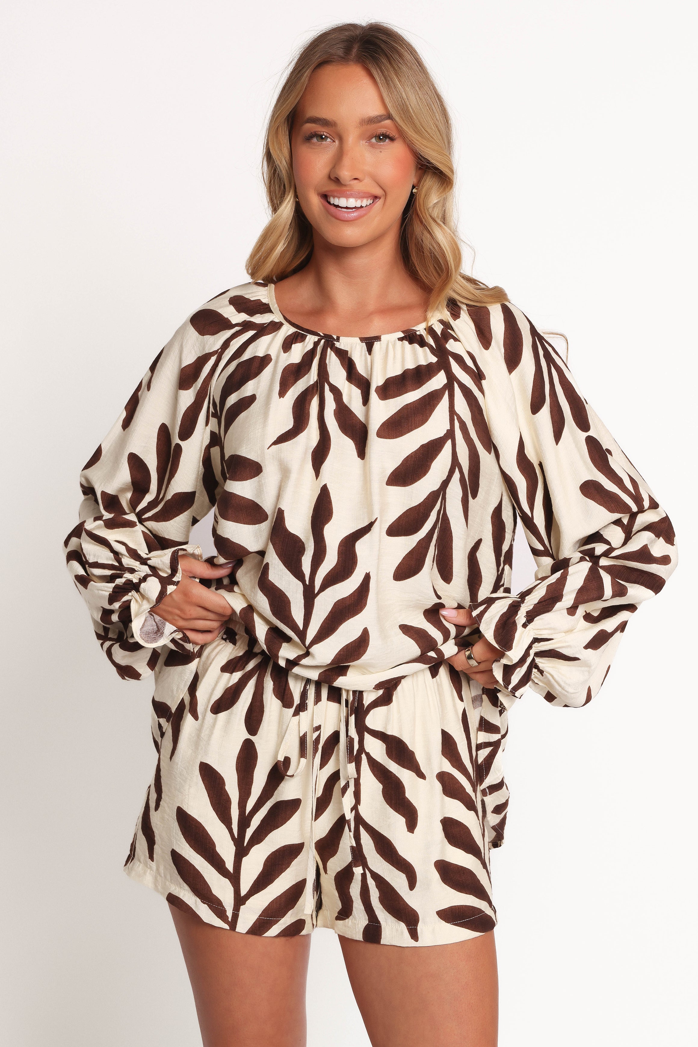 TOPS July Long Sleeve Smock Top - Brown Palm